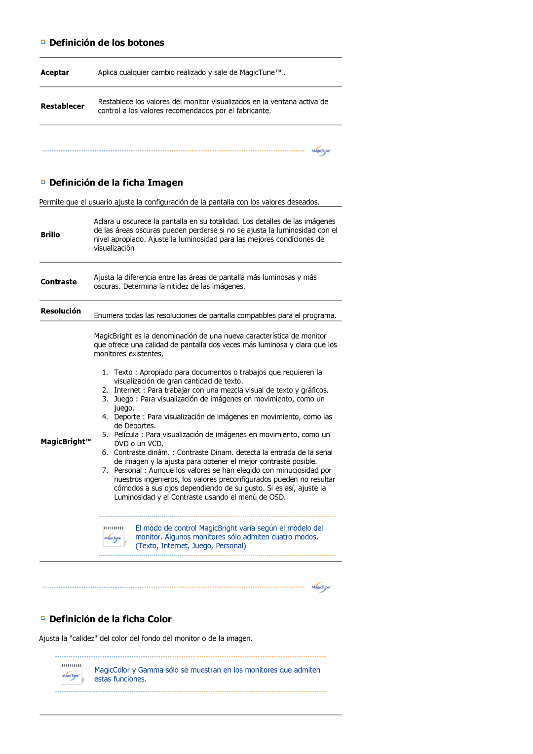 Samsung LS19MBXXFV/EDC manual Definición de los botones, Definición de la ficha Imagen, Definición de la ficha Color 