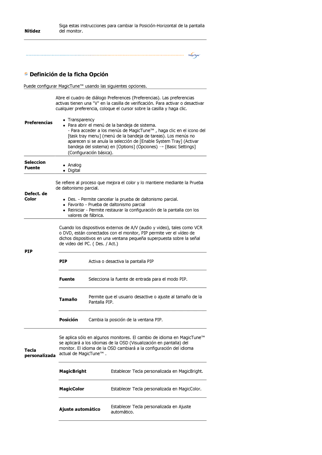 Samsung LS19MBPXFV/EDC, LS19MBXXFV/EDC, LS19MBPXHV/EDC, LS19MBXXHV/EDC manual Definición de la ficha Opción, Preferencias 