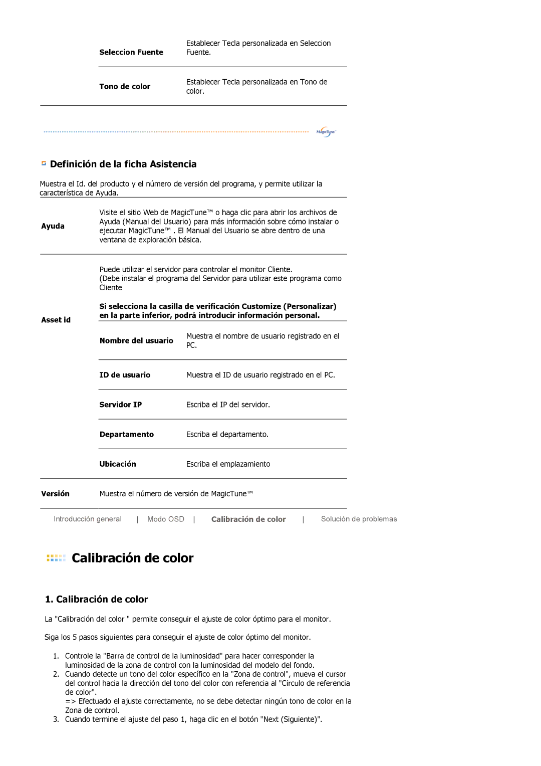 Samsung LS19MBXXFV/EDC, LS19MBPXFV/EDC, LS19MBPXHV/EDC manual Definición de la ficha Asistencia, Calibración de color 