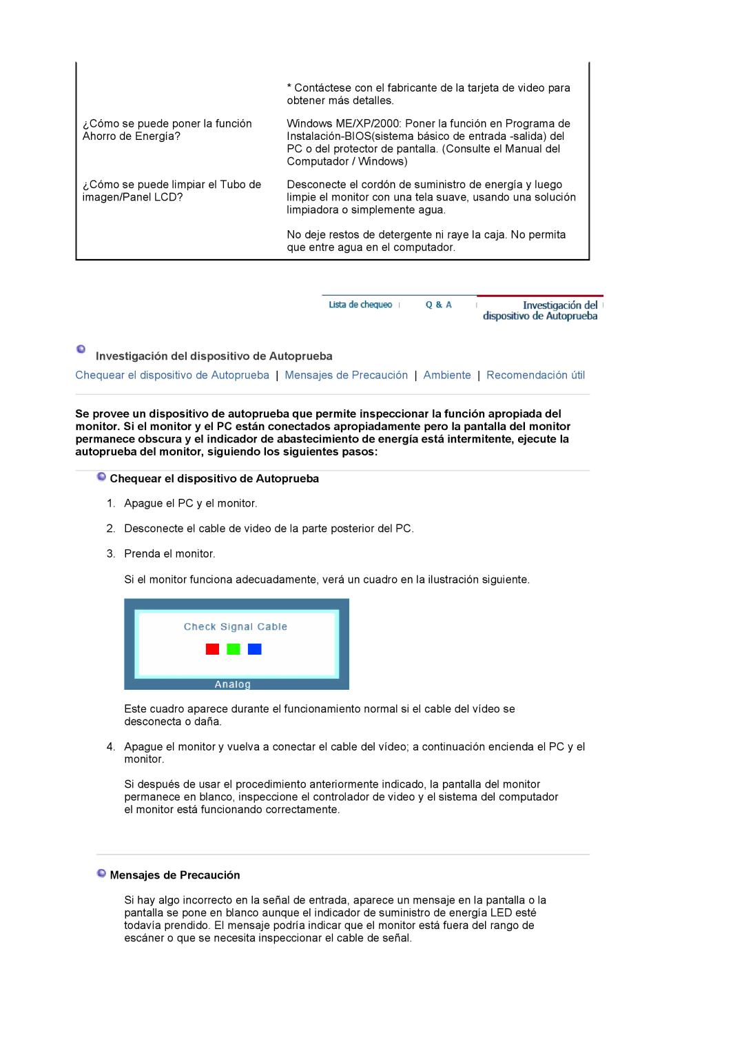 Samsung LS19MBPXHV/EDC, LS19MBPXFV/EDC, LS19MBXXFV/EDC Investigación del dispositivo de Autoprueba, Mensajes de Precaución 