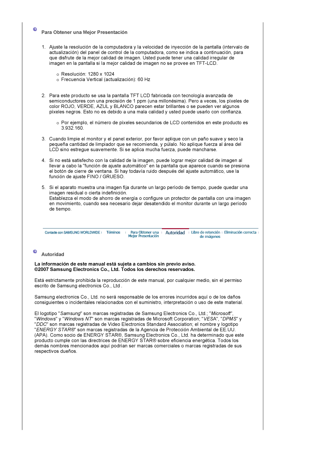 Samsung LS19MBXXHV/EDC, LS19MBPXFV/EDC, LS19MBXXFV/EDC, LS19MBPXHV/EDC manual Para Obtener una Mejor Presentación, Autoridad 