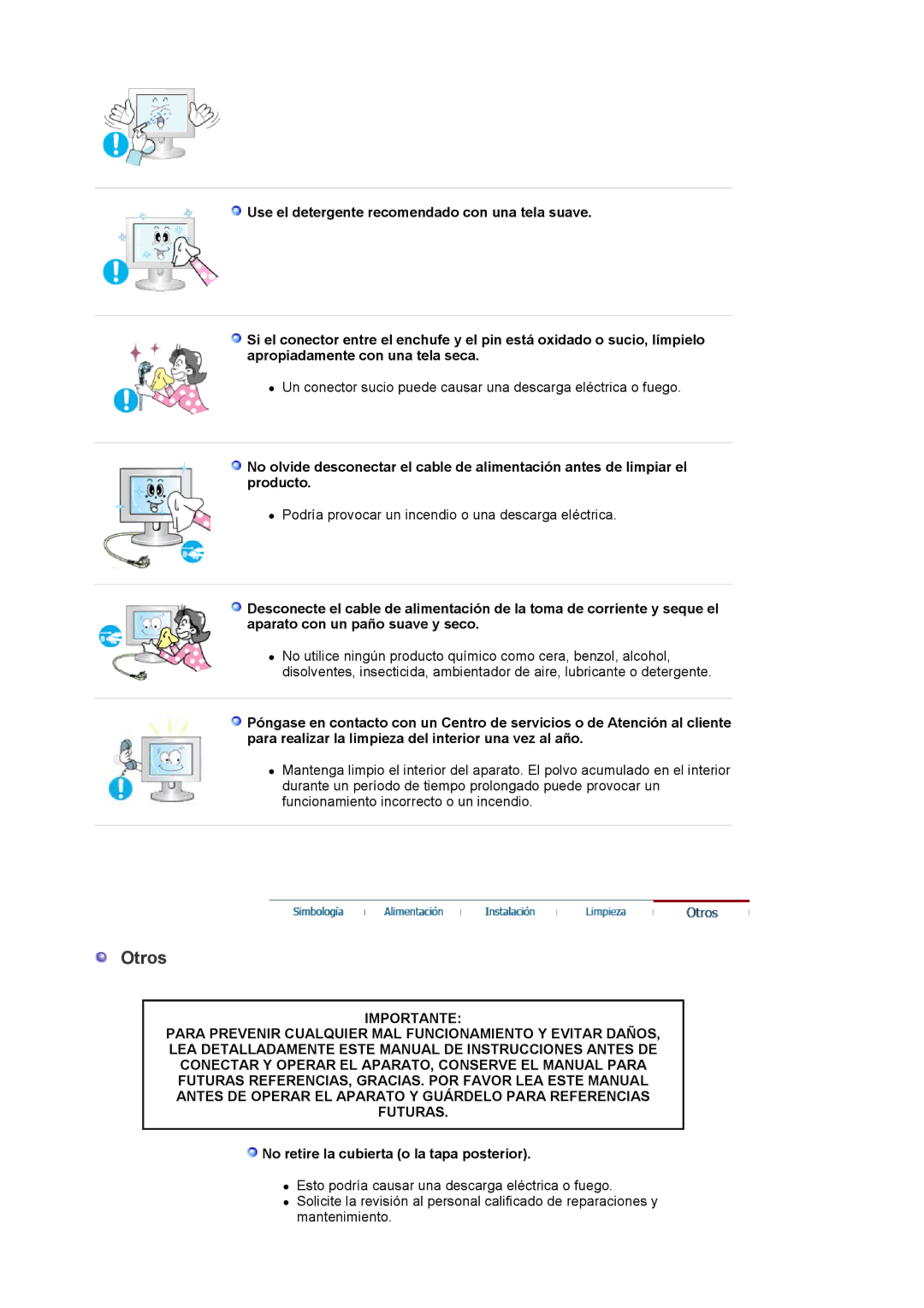 Samsung LS19MBPXHV/EDC, LS19MBPXFV/EDC, LS19MBXXFV/EDC, LS19MBXXHV/EDC manual Otros, No retire la cubierta o la tapa posterior 