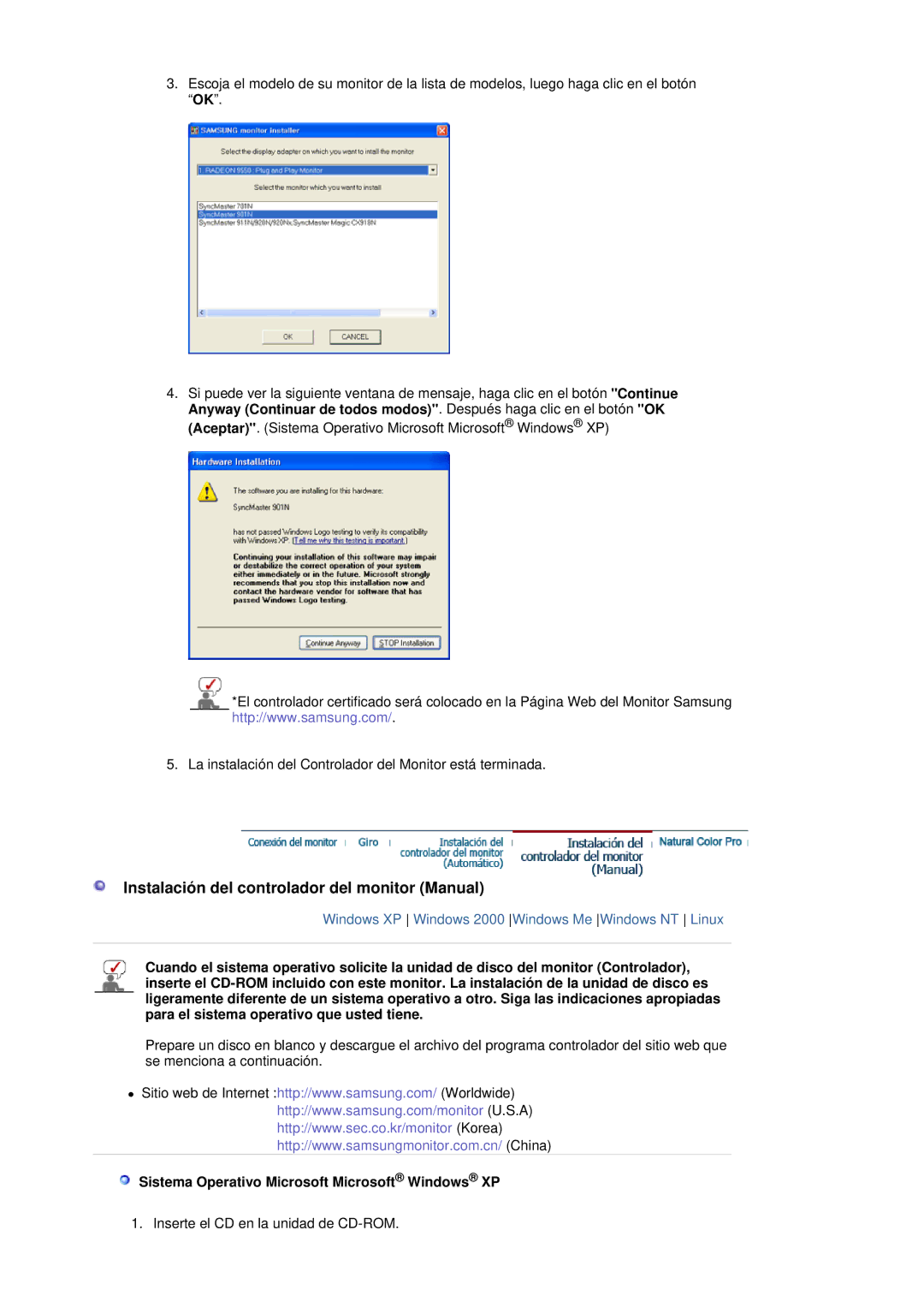 Samsung LS19MBPXHV/EDC Instalación del controlador del monitor Manual, Sistema Operativo Microsoft Microsoft Windows XP 