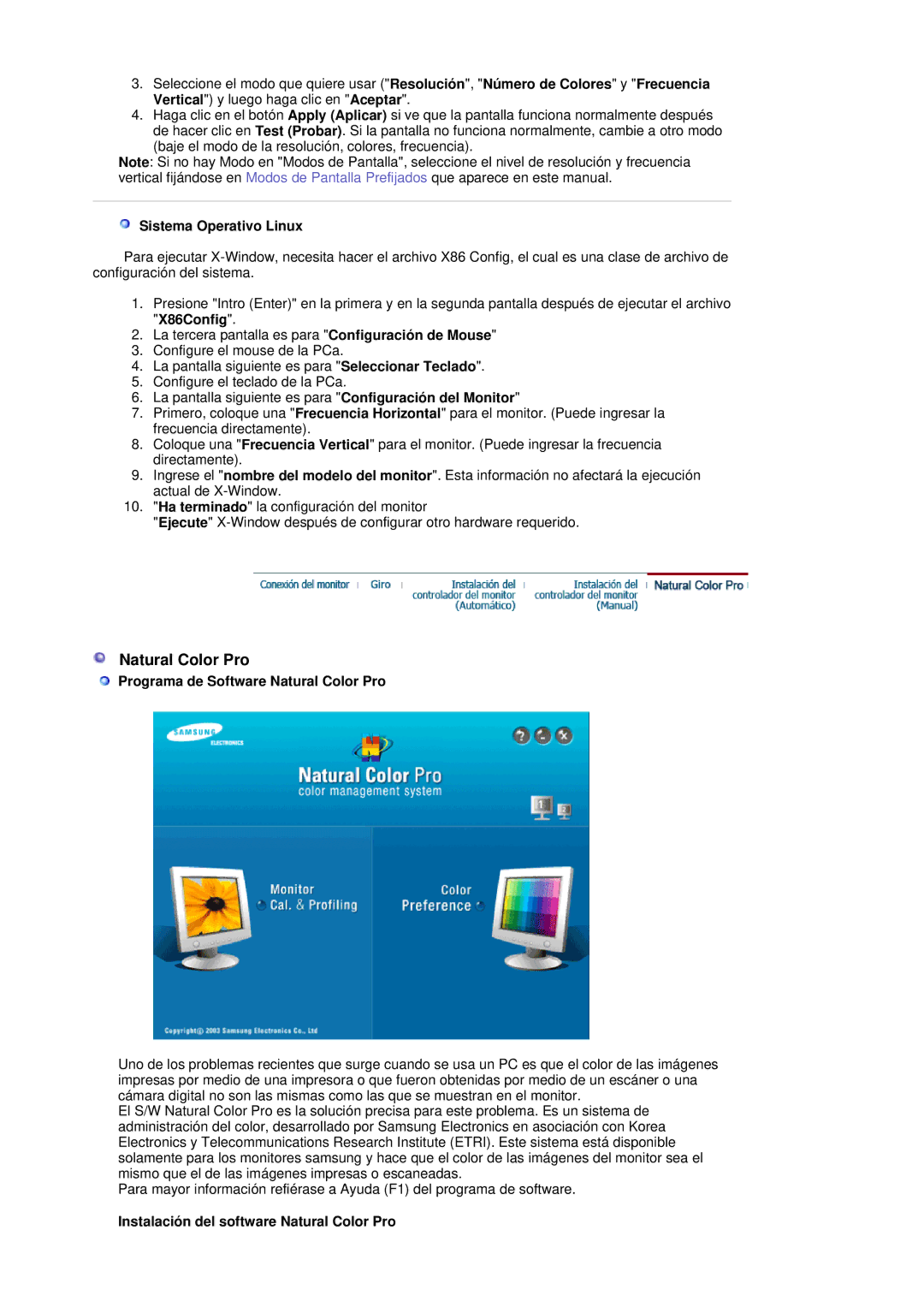 Samsung LS19MBPXHV/EDC, LS19MBPXFV/EDC, LS19MBXXFV/EDC manual Sistema Operativo Linux, Programa de Software Natural Color Pro 