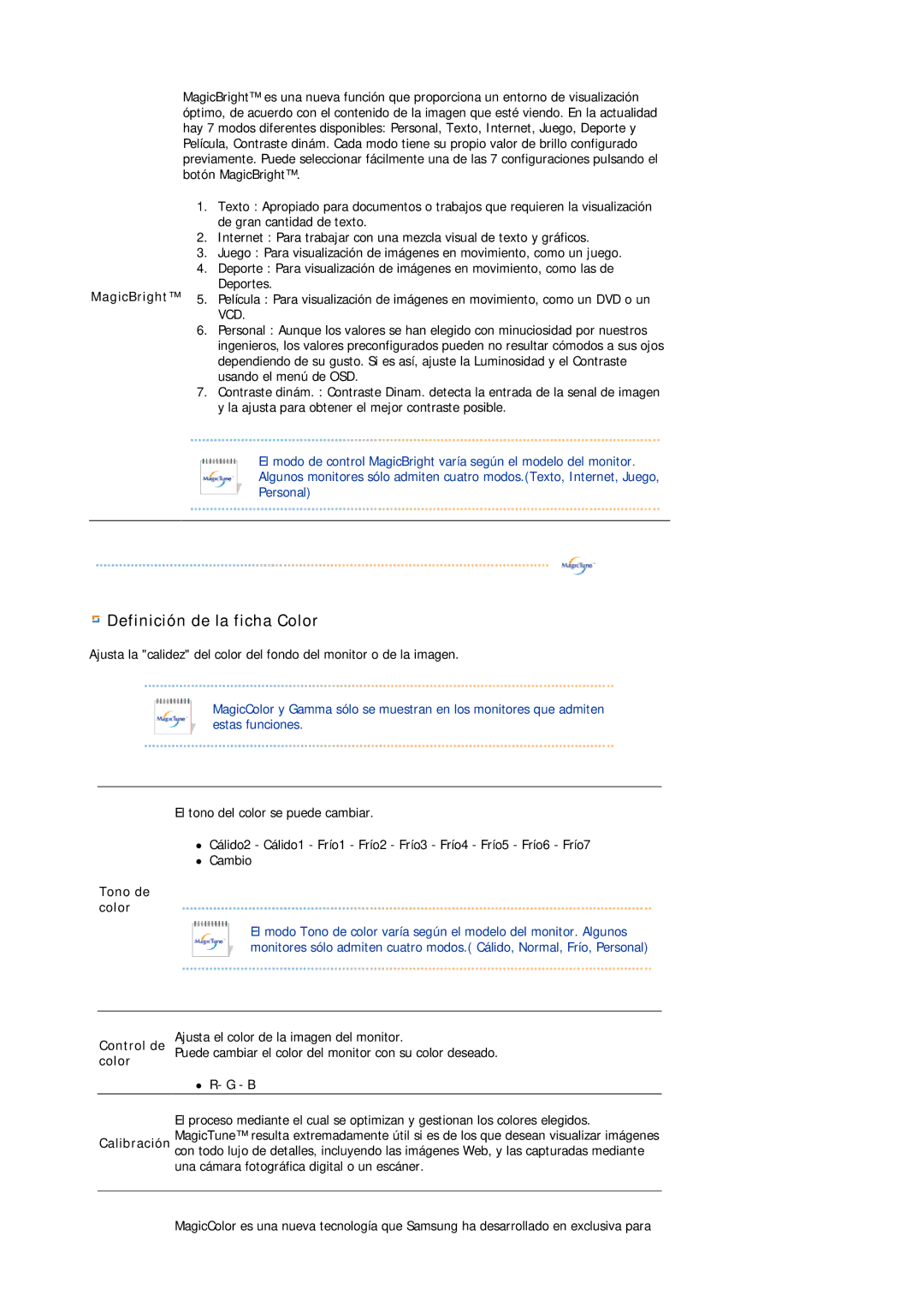 Samsung LS19MBXXHV/EDC, LS19MBPXFV/EDC, LS19MBXXFV/EDC, LS19MBPXHV/EDC manual Definición de la ficha Color 