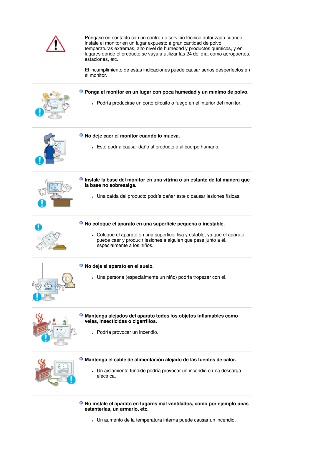 Samsung LS19MBPXFV/EDC, LS19MBXXFV/EDC manual No deje caer el monitor cuando lo mueva, No deje el aparato en el suelo 