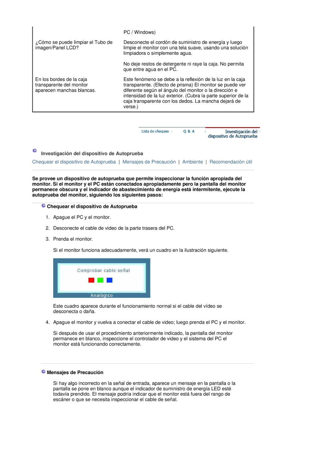 Samsung LS19MBPXHV/EDC, LS19MBPXFV/EDC, LS19MBXXFV/EDC Investigación del dispositivo de Autoprueba, Mensajes de Precaución 