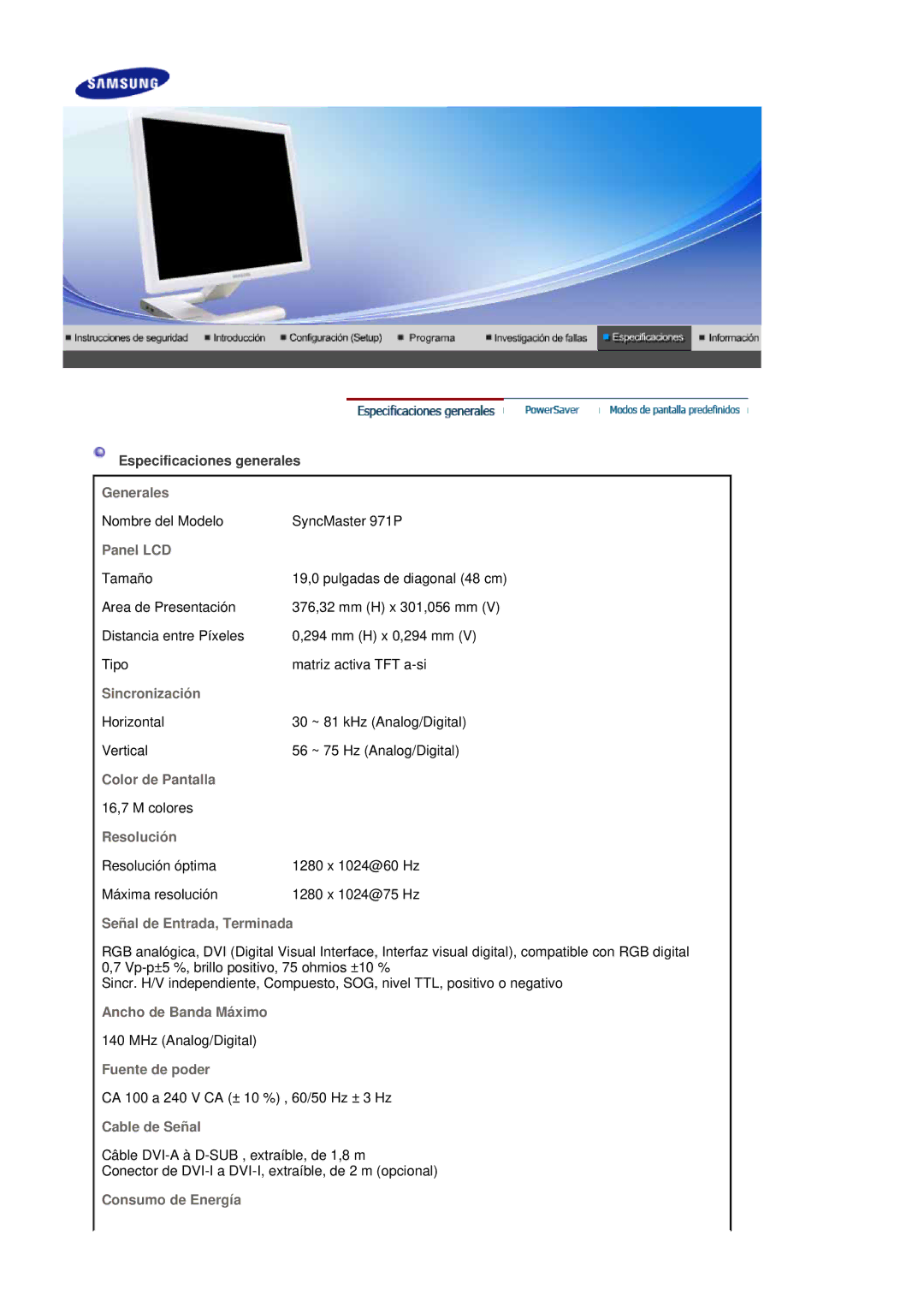 Samsung LS19MBPXFV/EDC Generales, Panel LCD, Sincronización, Color de Pantalla, Resolución, Señal de Entrada, Terminada 