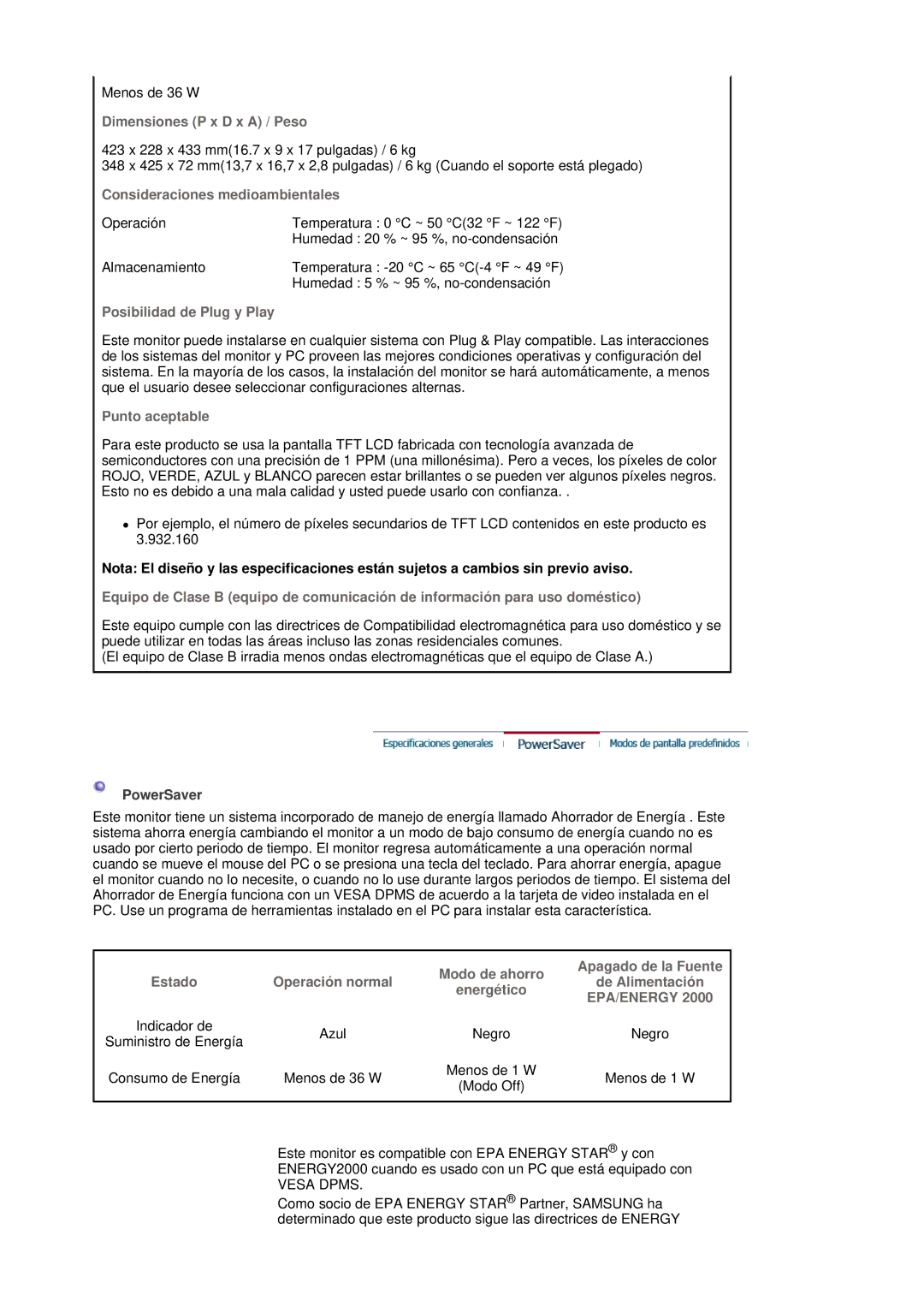 Samsung LS19MBXXFV/EDC manual Dimensiones P x D x a / Peso, Consideraciones medioambientales, Posibilidad de Plug y Play 