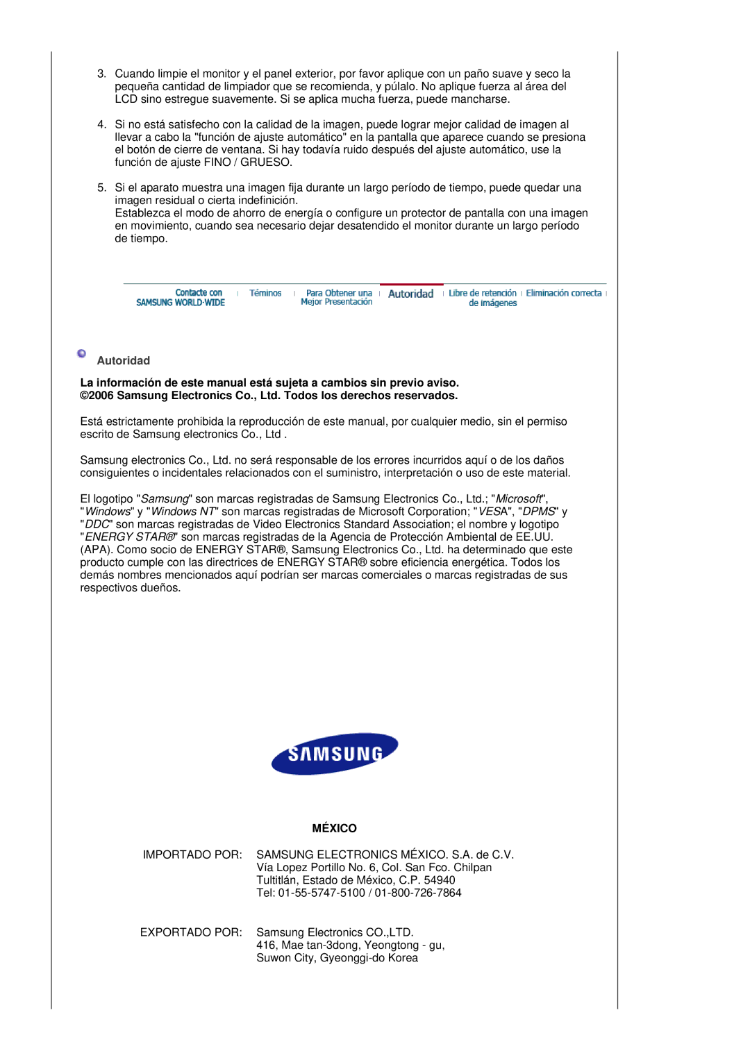 Samsung LS19MBXXHV/EDC, LS19MBPXFV/EDC, LS19MBXXFV/EDC, LS19MBPXHV/EDC manual México 