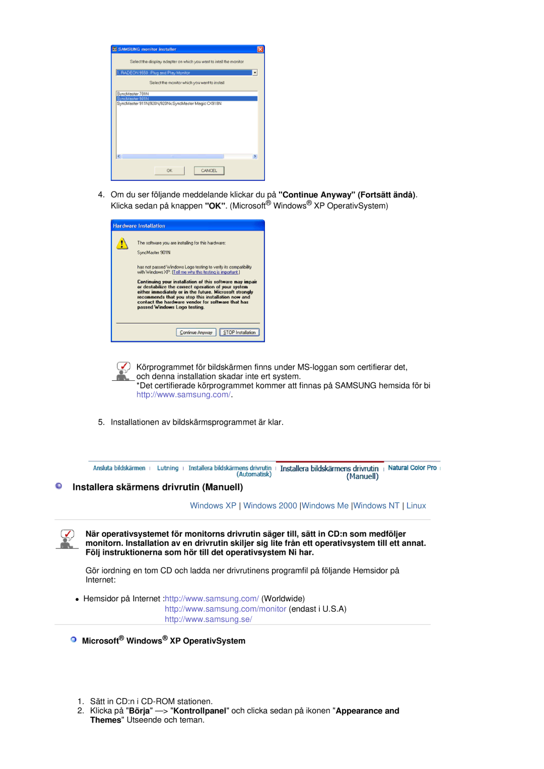Samsung LS19MBXXFV/EDC, LS19MBPXFV/EDC manual Installera skärmens drivrutin Manuell, Microsoft Windows XP OperativSystem 