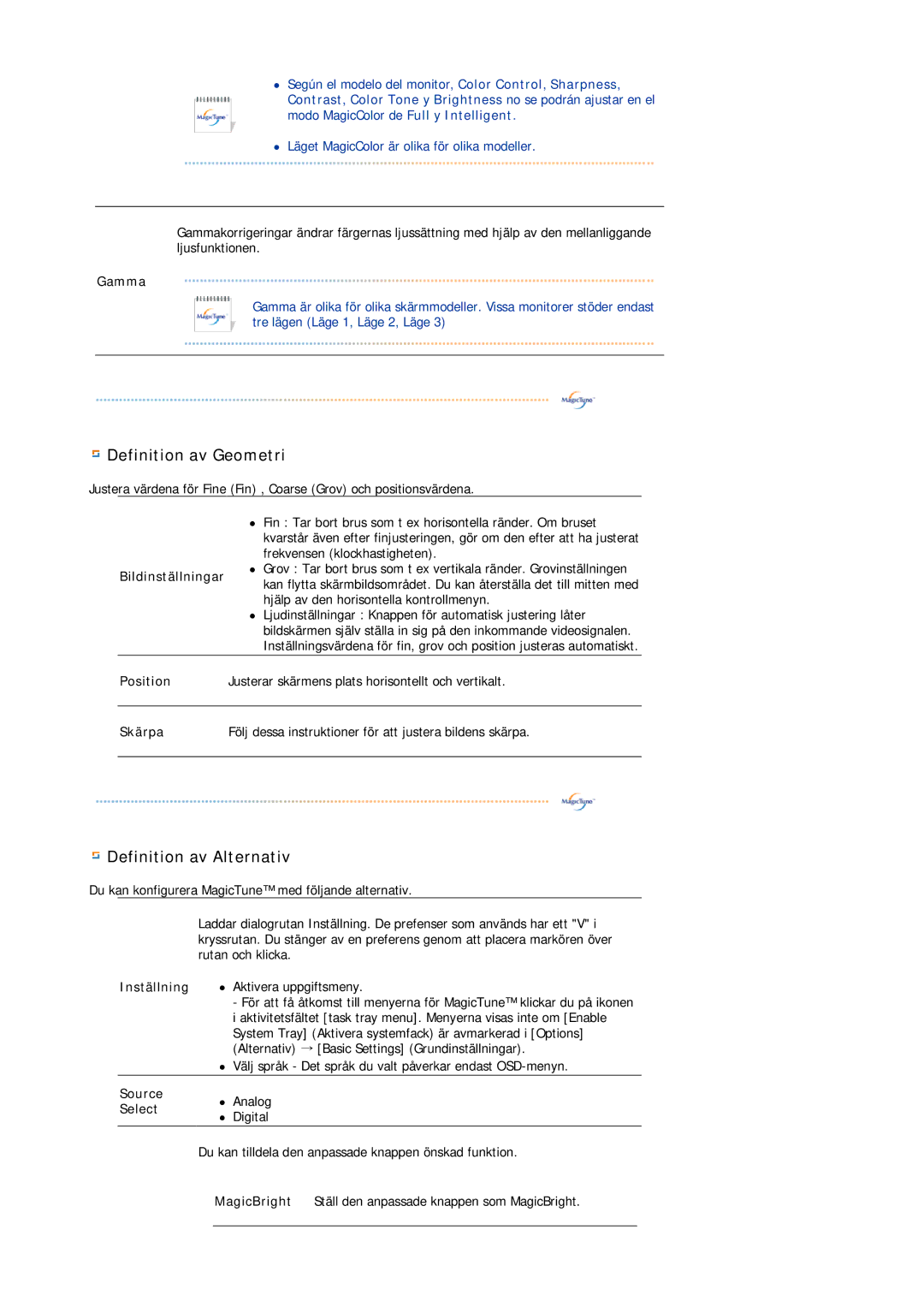 Samsung LS19MBXXHV/EDC, LS19MBPXFV/EDC, LS19MBXXFV/EDC manual Gamma, Bildinställningar, Position, Skärpa, Source, Select 