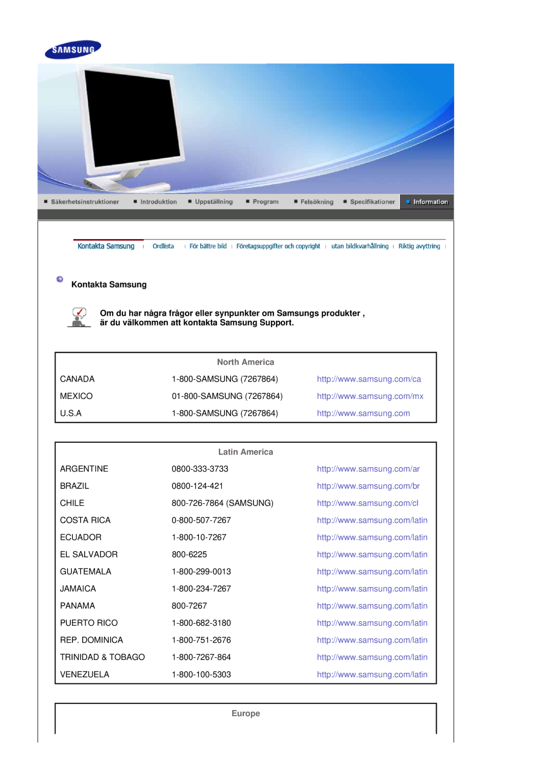 Samsung LS19MBXXFV/EDC, LS19MBPXFV/EDC, LS19MBPXHV/EDC, LS19MBXXHV/EDC manual North America, Latin America, Europe 