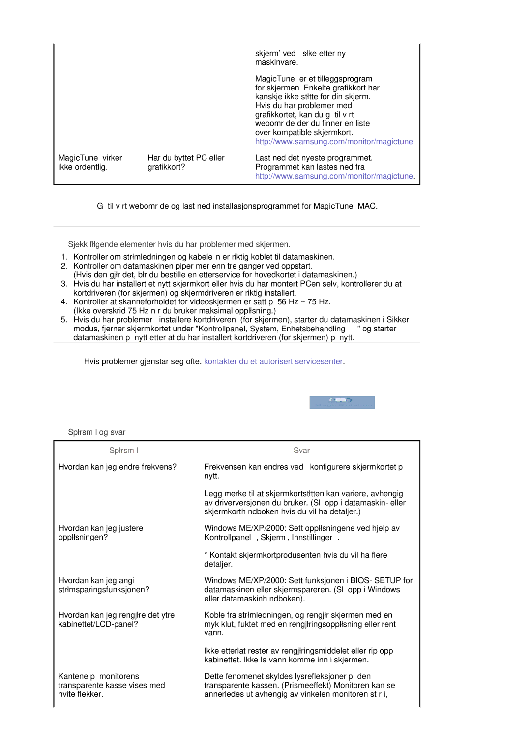 Samsung LS19MBXXHV/EDC, LS19MBPXFV/EDC, LS19MBXXFV/EDC, LS19MBPXHV/EDC manual Spørsmål, Svar 