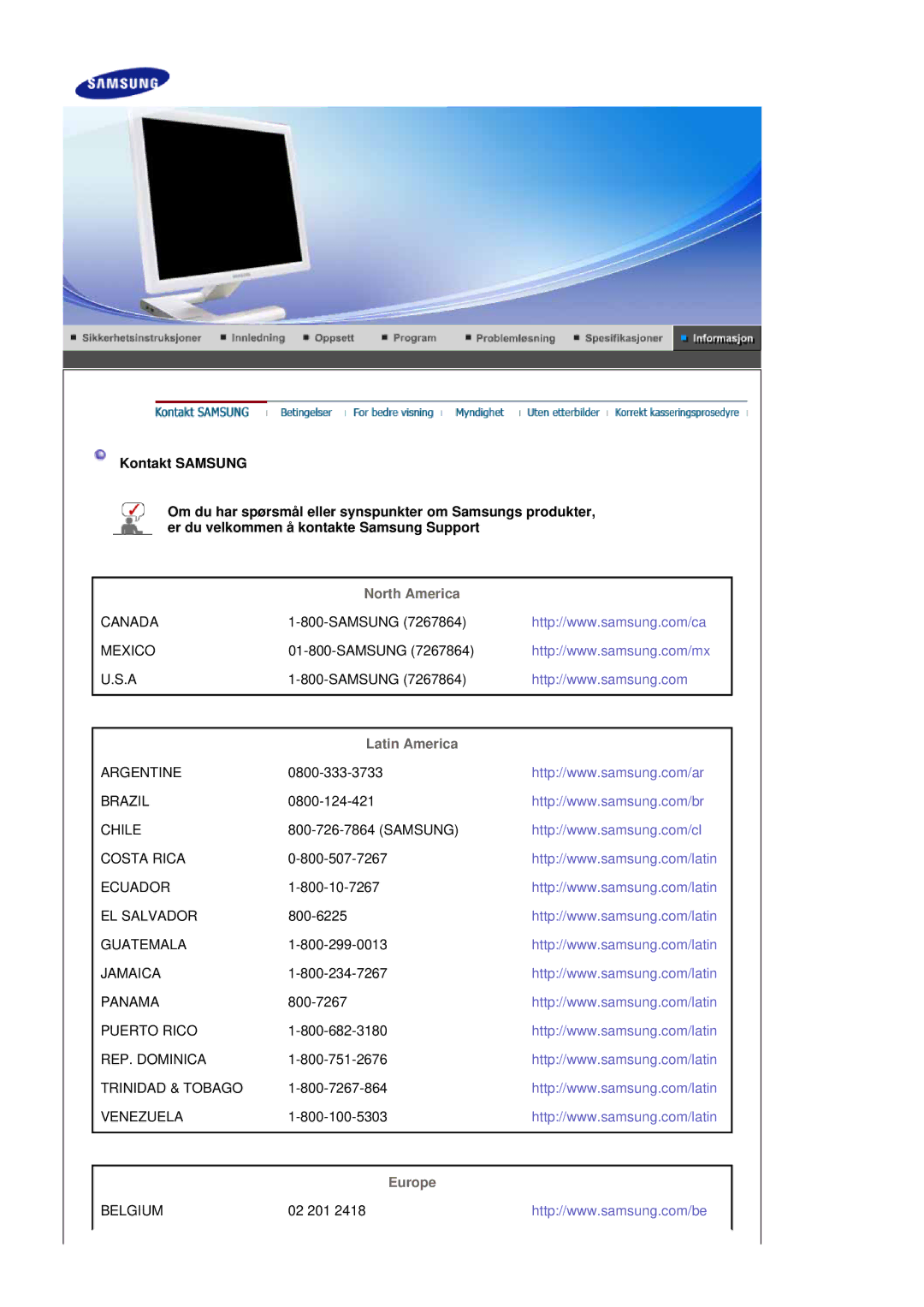 Samsung LS19MBXXFV/EDC, LS19MBPXFV/EDC, LS19MBPXHV/EDC, LS19MBXXHV/EDC manual North America, Latin America, Europe 