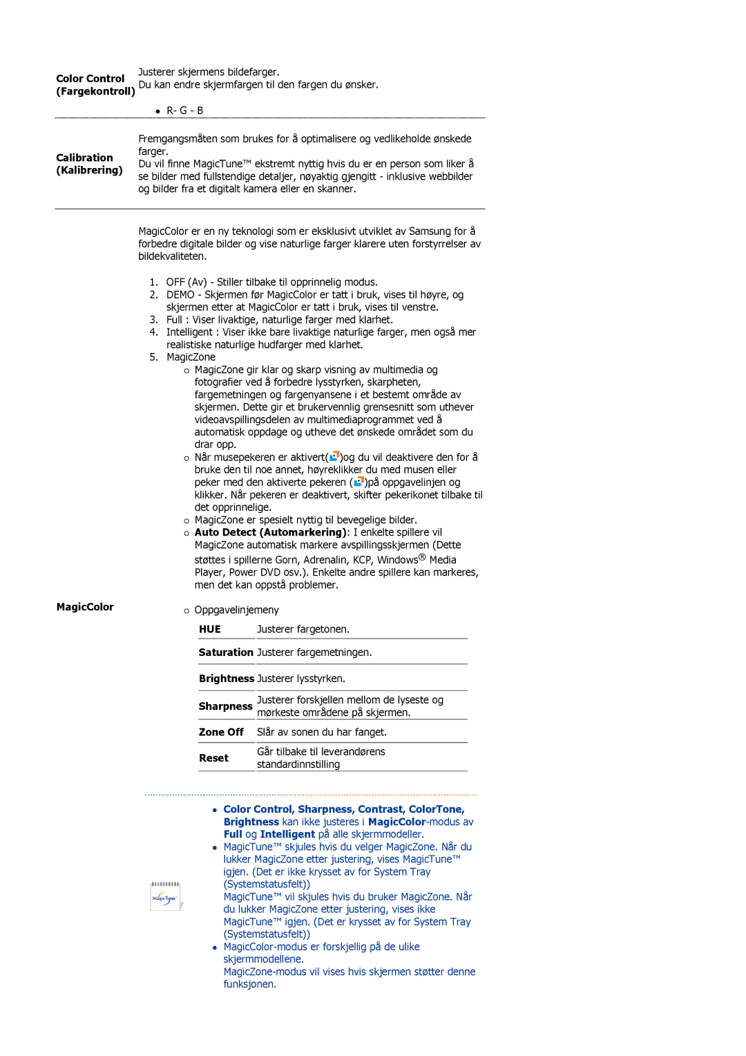 Samsung LS19MBPXHV/EDC, LS19MBPXFV/EDC Color Control, Fargekontroll, Calibration Kalibrering, Justerer fargetonen, Reset 