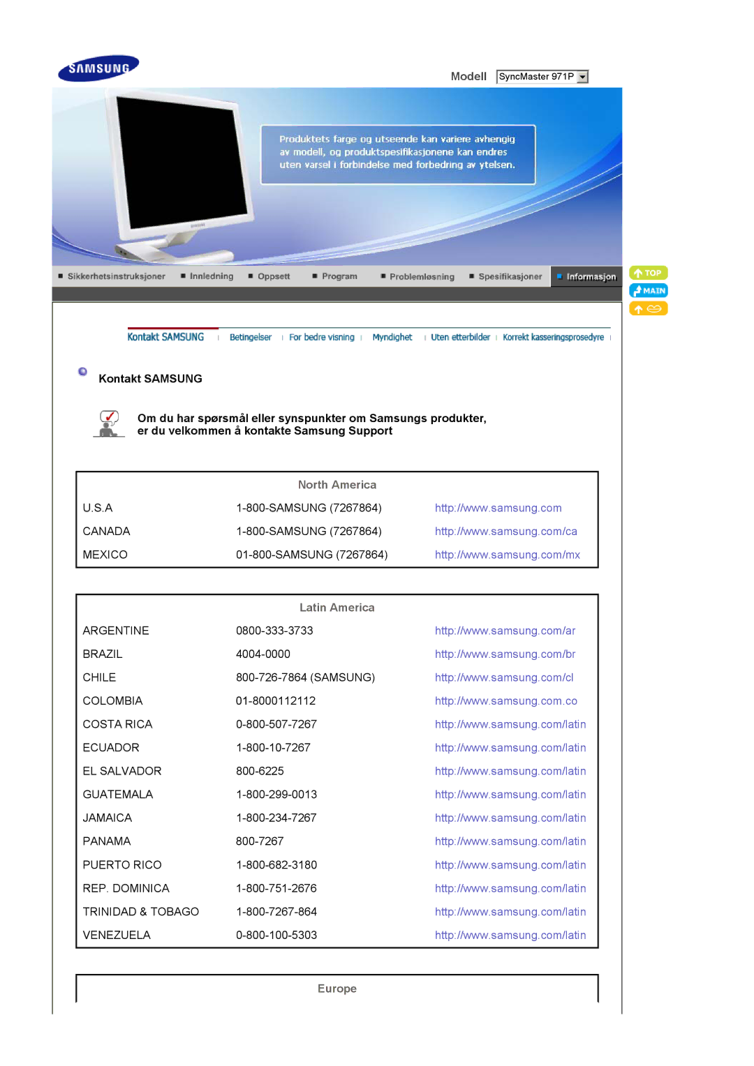 Samsung LS19MBPXHV/EDC, LS19MBPXFV/EDC, LS19MBXXFV/EDC, LS19MBXXHV/EDC manual North America, Latin America, Europe 