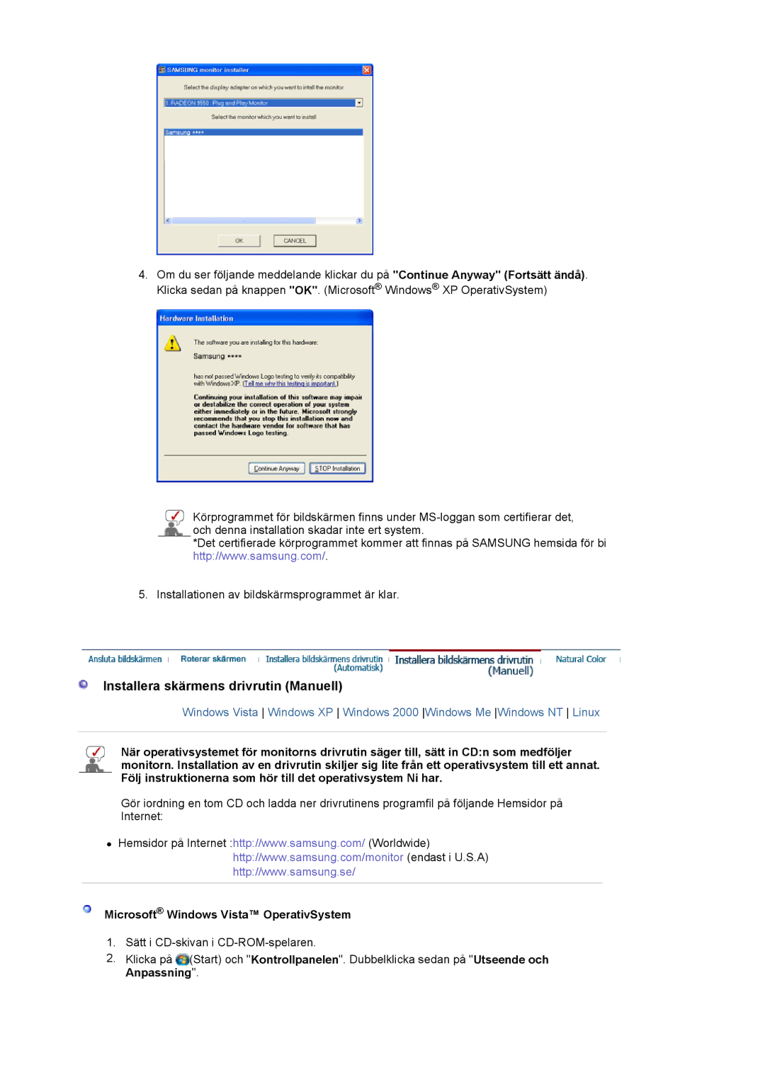 Samsung LS19MBXXFV/EDC, LS19MBPXFV/EDC manual Installera skärmens drivrutin Manuell, Microsoft Windows Vista OperativSystem 