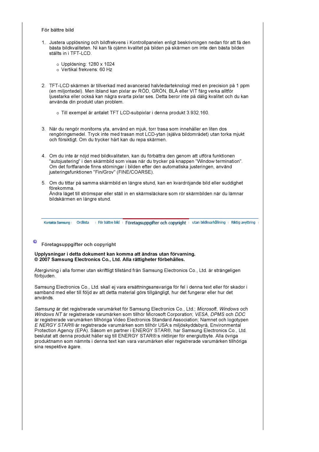 Samsung LS19MBXXFV/EDC, LS19MBPXFV/EDC, LS19MBPXHV/EDC, LS19MBXXHV/EDC manual För bättre bild, Företagsuppgifter och copyright 