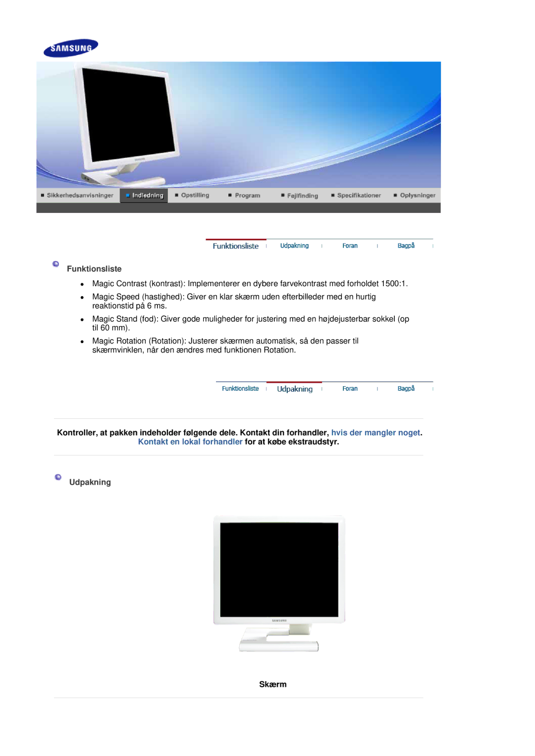 Samsung LS19MBPXHV/EDC, LS19MBPXFV/EDC, LS19MBXXFV/EDC, LS19MBXXHV/EDC manual Funktionsliste, Udpakning, Skærm 