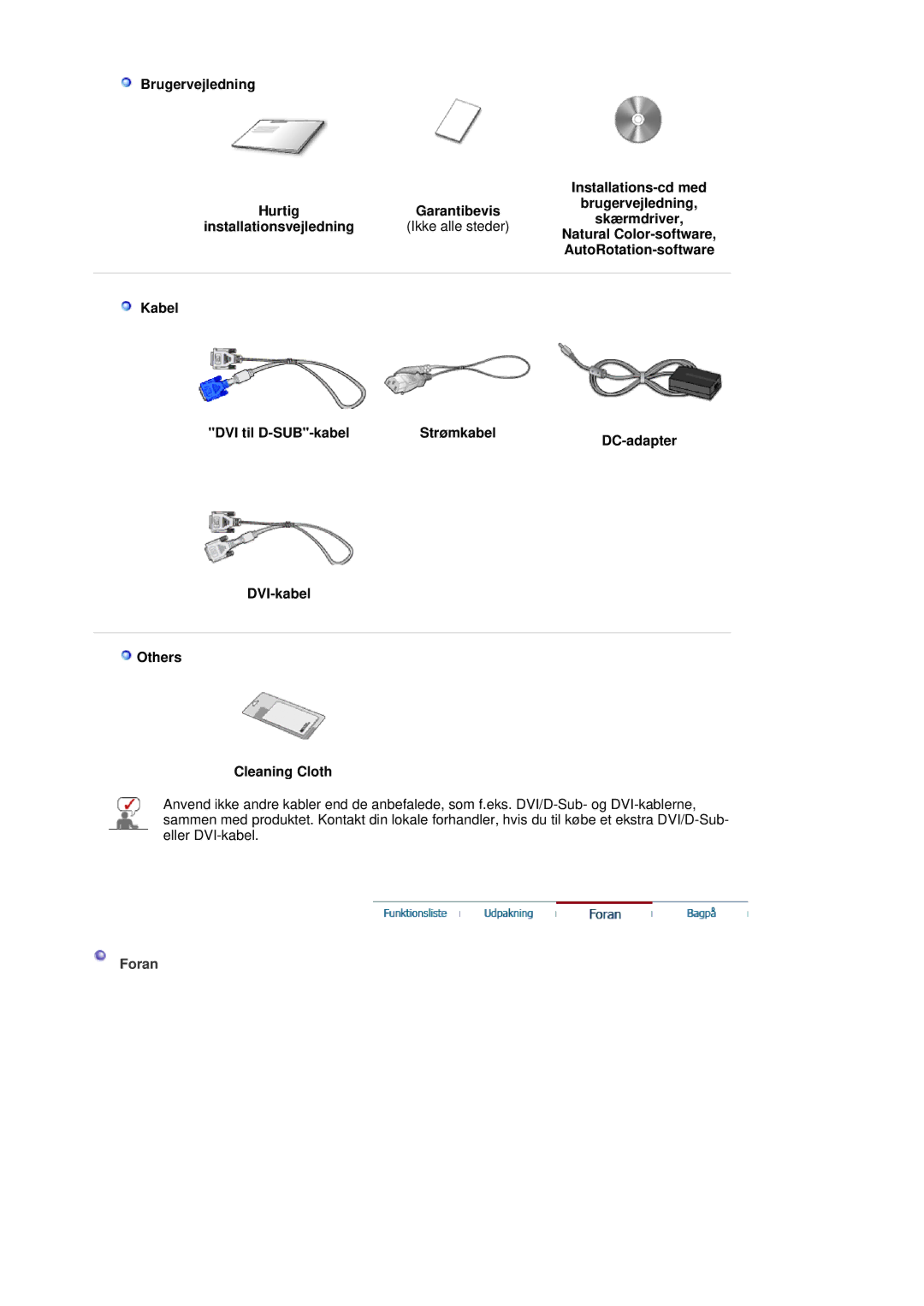 Samsung LS19MBXXHV/EDC manual Brugervejledning Installations-cd med Hurtig Garantibevis, Installationsvejledning, Foran 