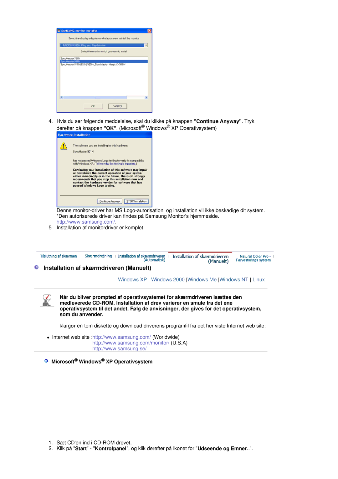 Samsung LS19MBXXFV/EDC, LS19MBPXFV/EDC manual Installation af skærmdriveren Manuelt, Microsoft Windows XP Operativsystem 