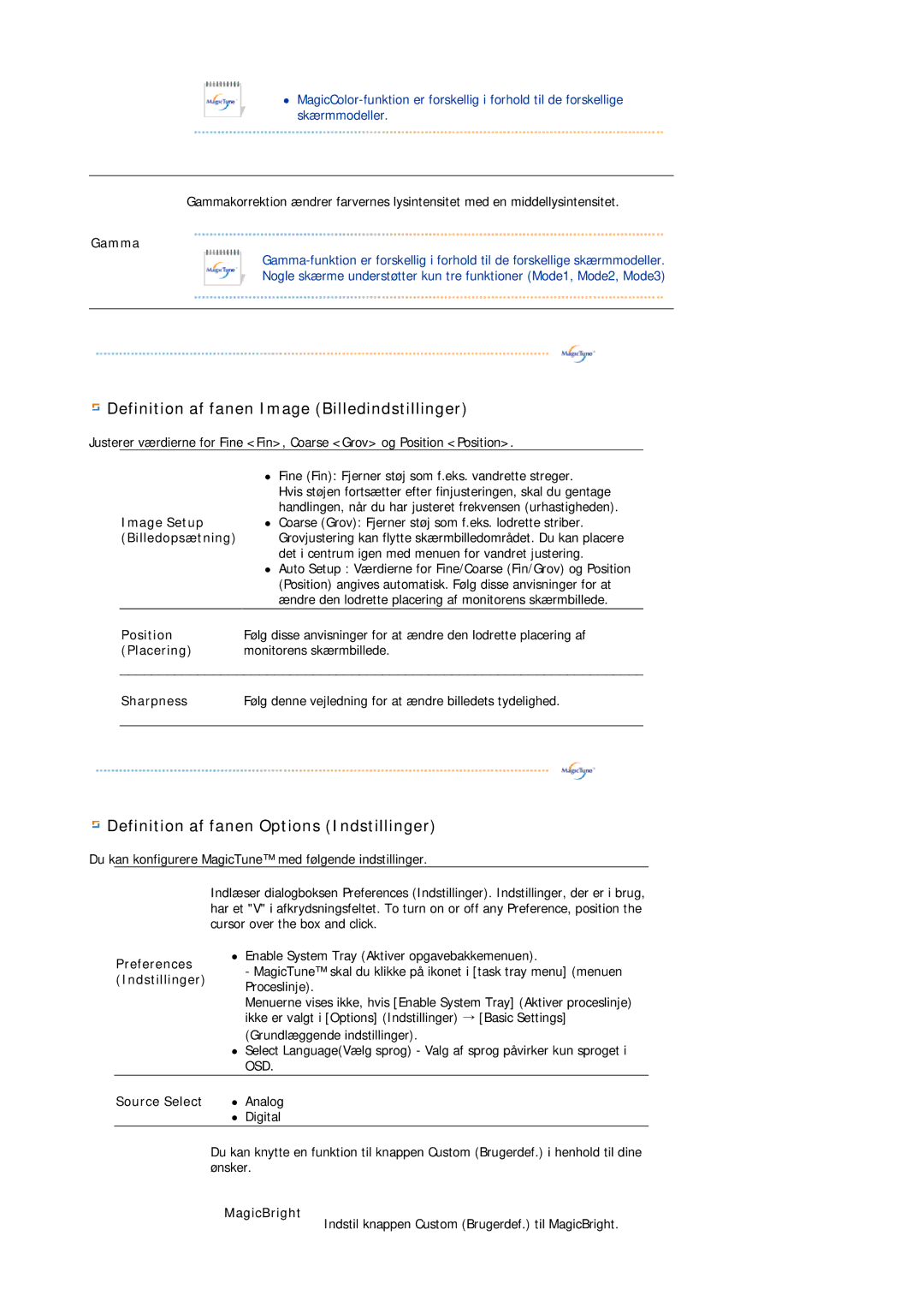 Samsung LS19MBPXHV/EDC, LS19MBPXFV/EDC manual Gamma, Image Setup, Billedopsætning, Preferences Indstillinger, Source Select 