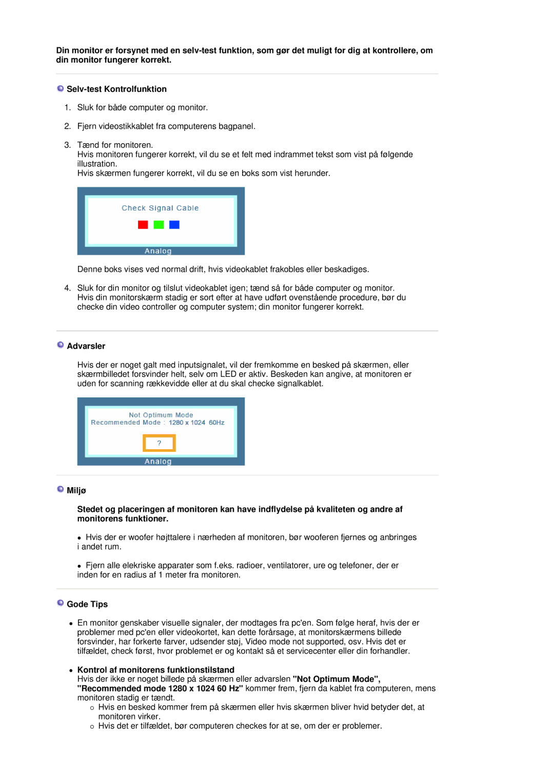 Samsung LS19MBXXHV/EDC, LS19MBPXFV/EDC, LS19MBXXFV/EDC manual Advarsler, Gode Tips, Kontrol af monitorens funktionstilstand 
