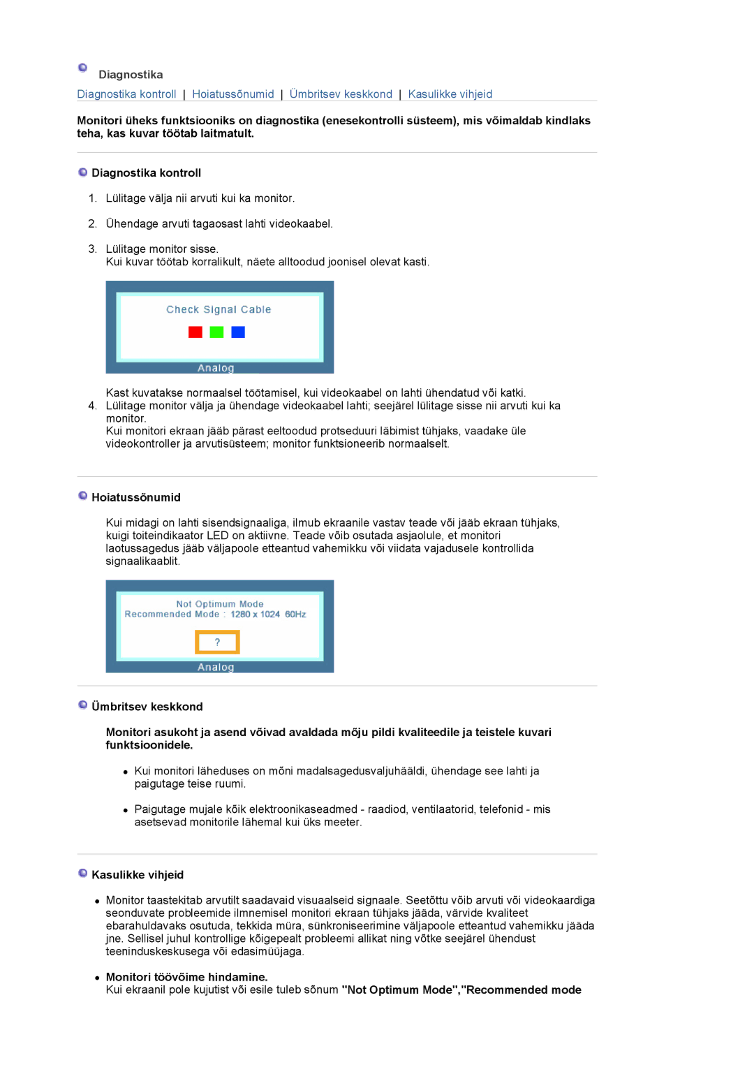 Samsung LS19MBXXFV/EDC, LS19MBPXFV/EDC manual Diagnostika, Hoiatussõnumid, Kasulikke vihjeid, Monitori töövõime hindamine 