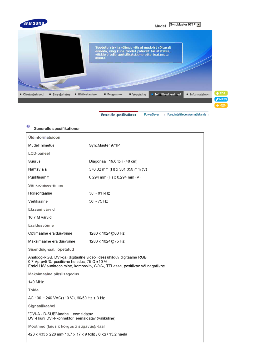 Samsung LS19MBXXHV/EDC manual Üldinformatsioon, LCD-paneel, Sünkroniseerimine, Ekraani värvid, Eraldusvõime, Toide 