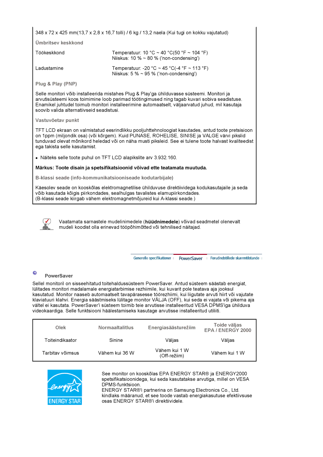 Samsung LS19MBPXFV/EDC, LS19MBXXFV/EDC, LS19MBPXHV/EDC manual Ümbritsev keskkond, Plug & Play PNP, Vastuvõetav punkt 