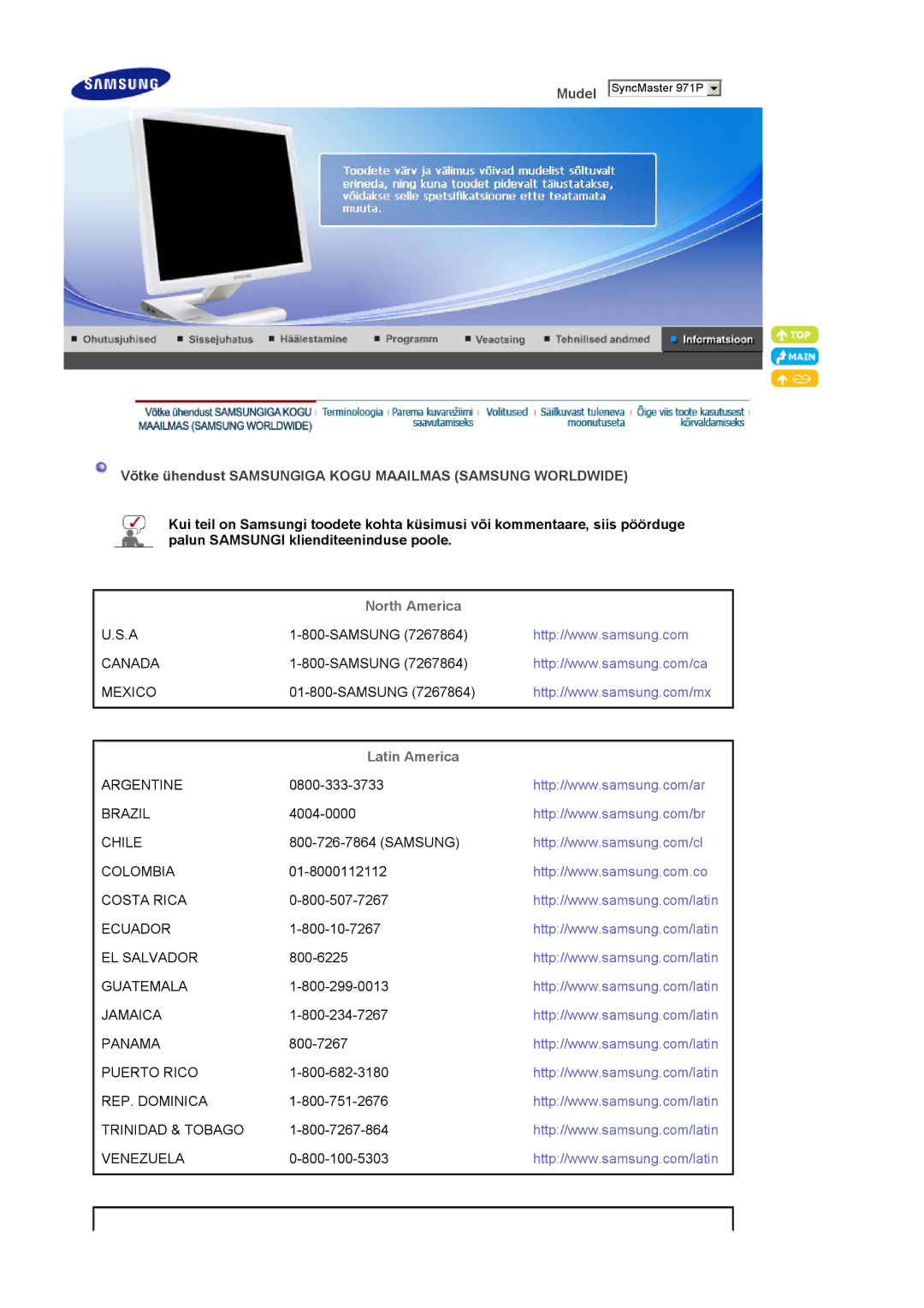 Samsung LS19MBPXHV/EDC manual Võtke ühendust Samsungiga Kogu Maailmas Samsung Worldwide, North America, Latin America 