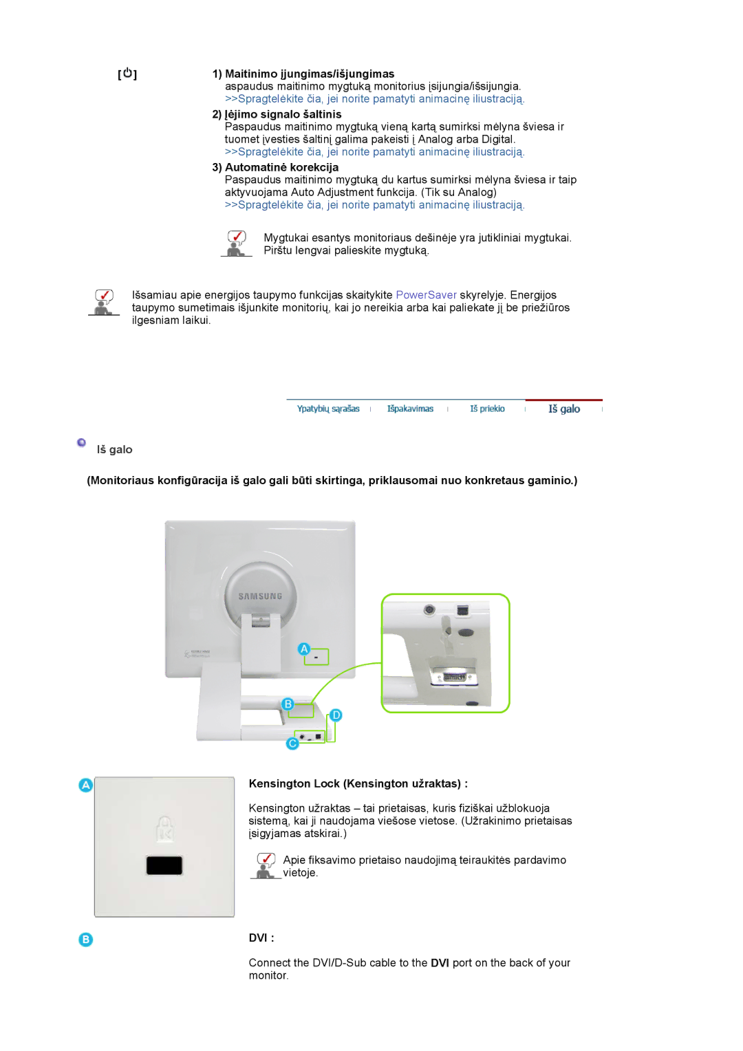 Samsung LS19MBXXFV/EDC manual Maitinimo įjungimas/išjungimas, Įėjimo signalo šaltinis, Automatinė korekcija, Iš galo 