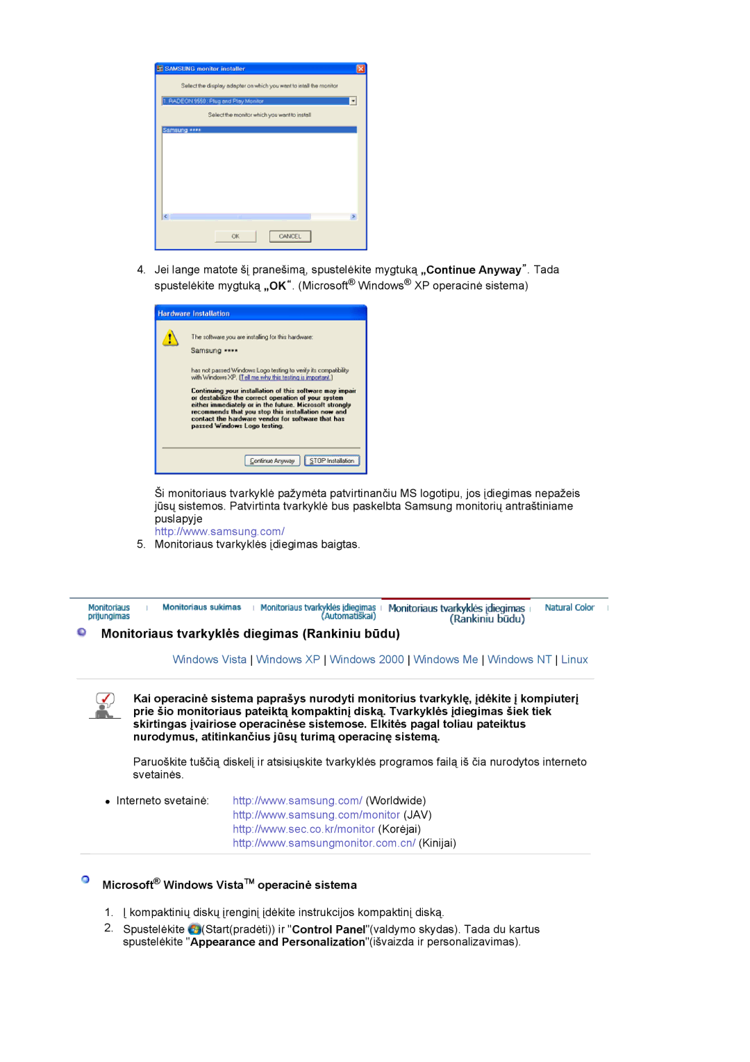 Samsung LS19MBXXFV/EDC manual Monitoriaus tvarkyklės diegimas Rankiniu būdu, Microsoft Windows Vista operacinė sistema 