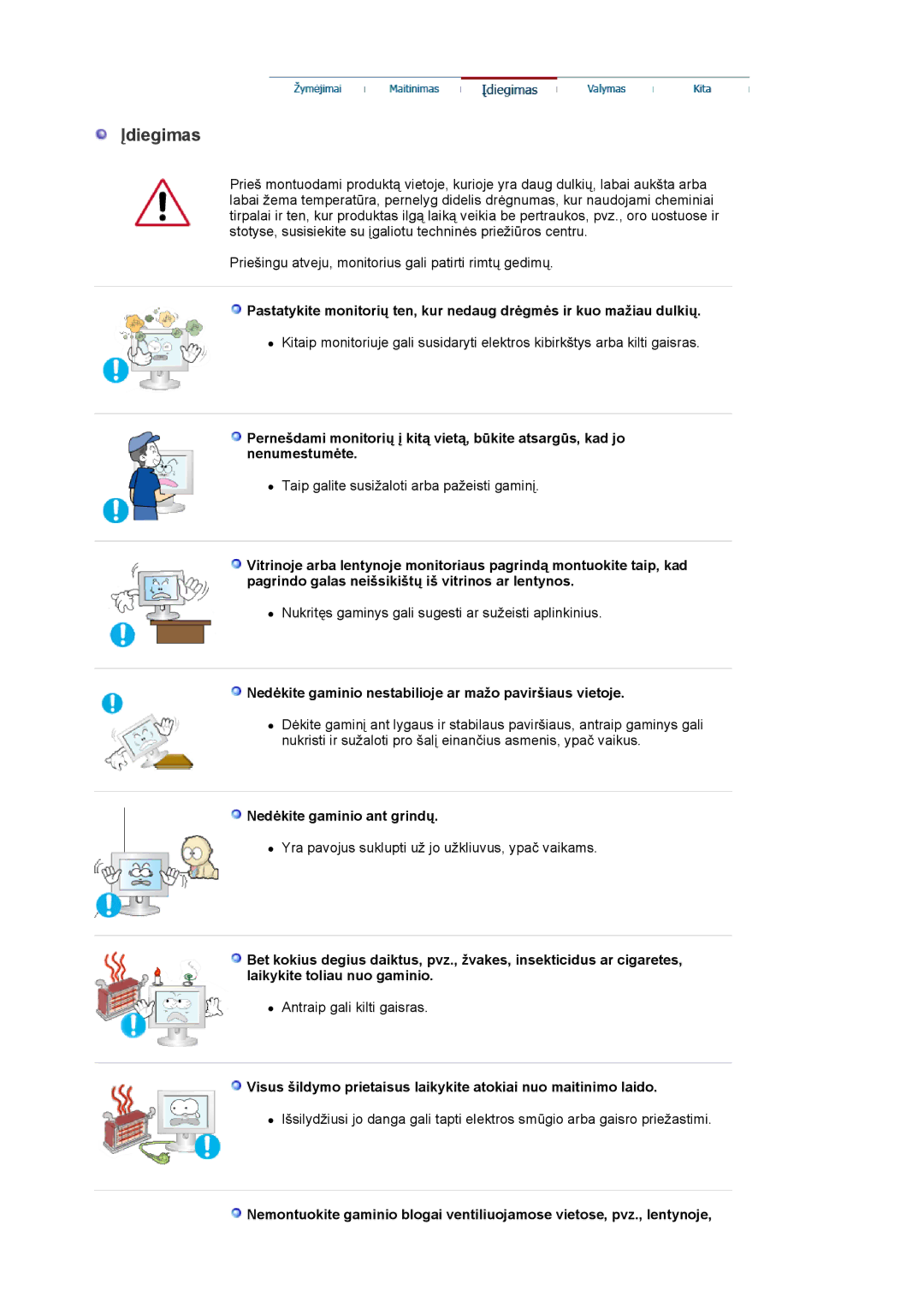 Samsung LS19MBPXFV/EDC manual Nedėkite gaminio nestabilioje ar mažo paviršiaus vietoje, Nedėkite gaminio ant grindų 