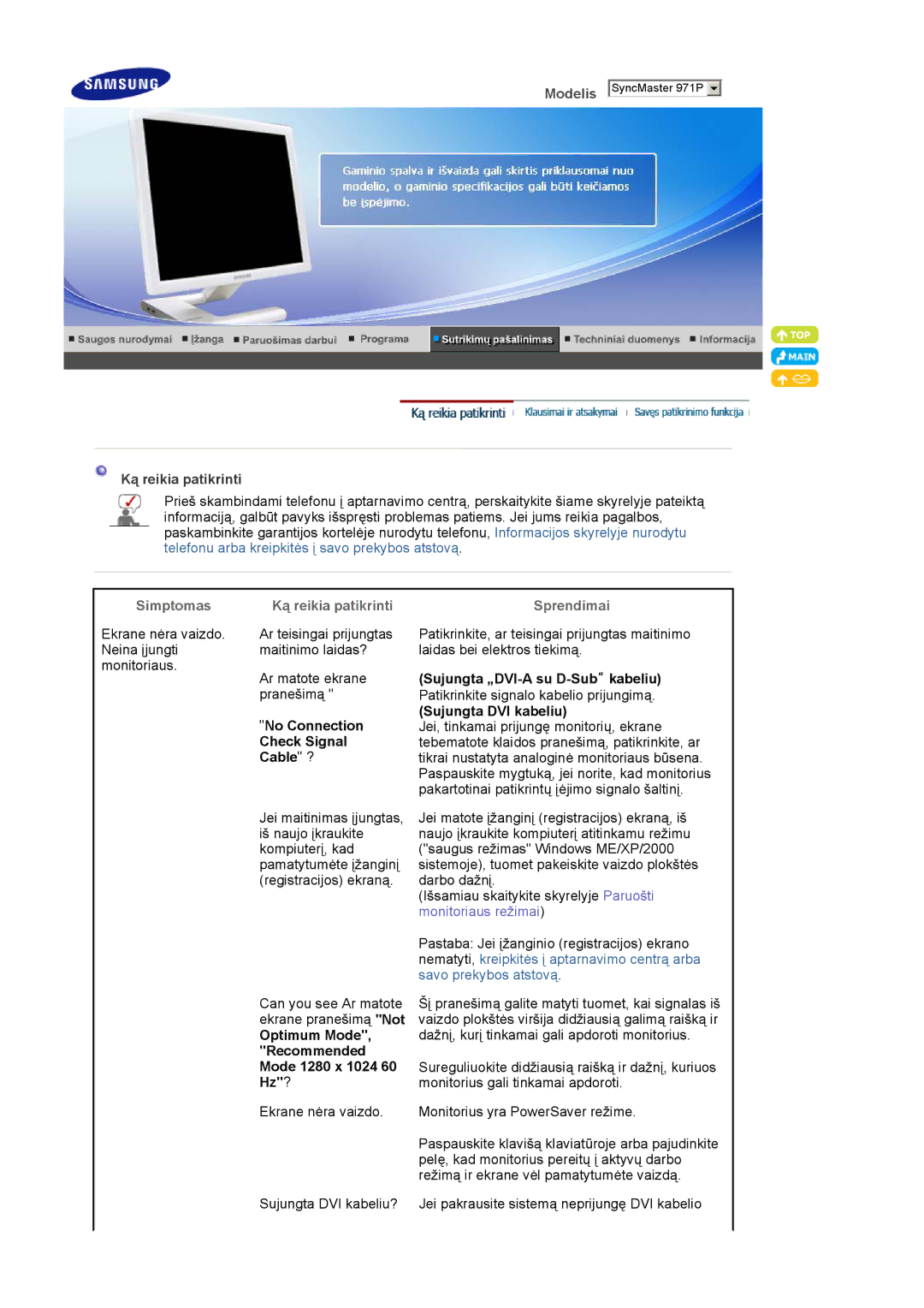 Samsung LS19MBPXHV/EDC, LS19MBPXFV/EDC, LS19MBXXFV/EDC, LS19MBXXHV/EDC manual Simptomas Ką reikia patikrinti Sprendimai 