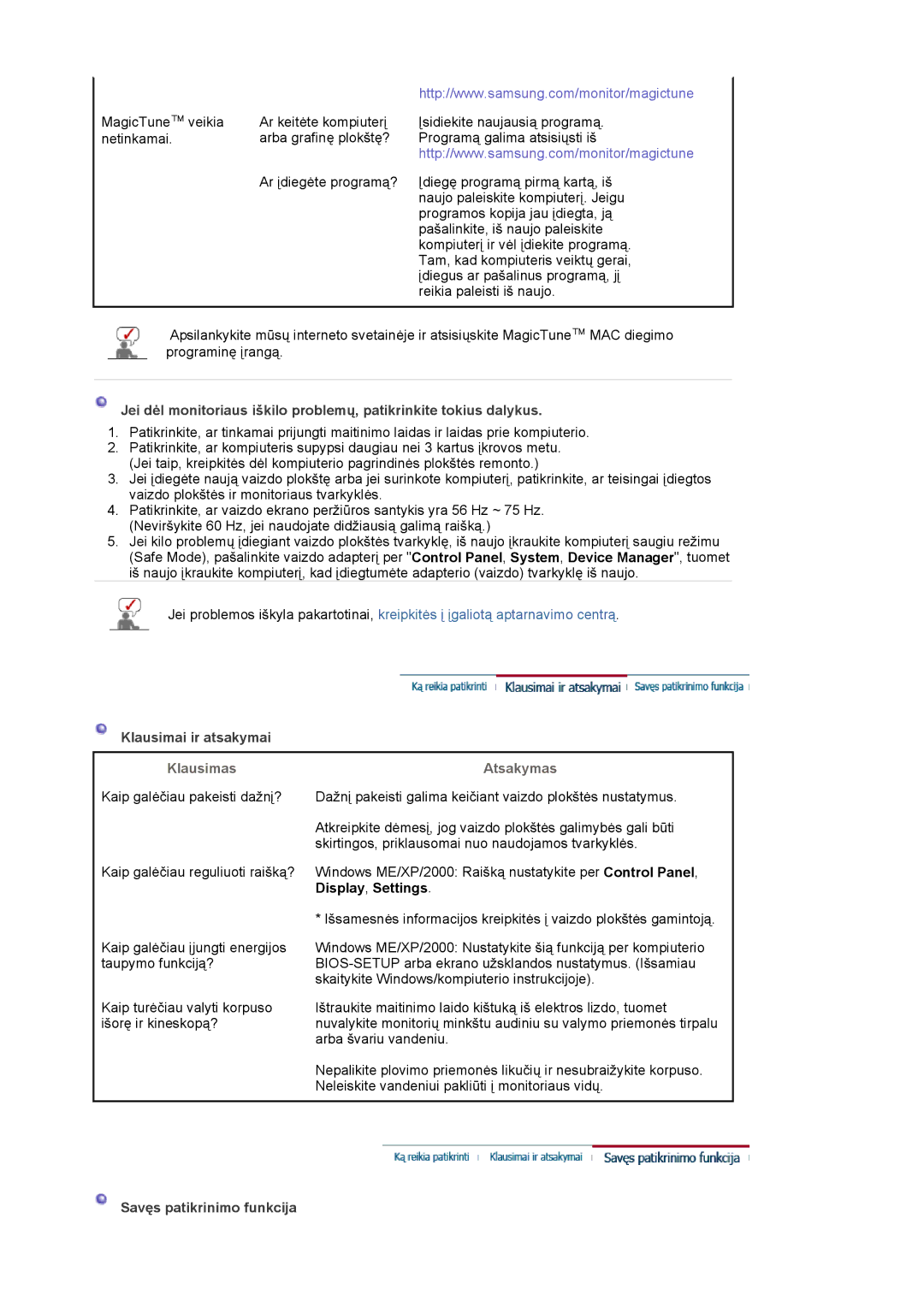 Samsung LS19MBPXFV/EDC, LS19MBXXFV/EDC manual Klausimai ir atsakymai, Klausimas, Atsakymas, Savęs patikrinimo funkcija 