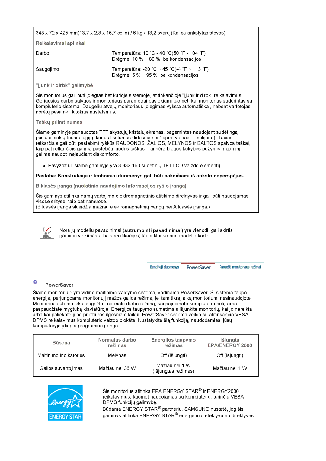 Samsung LS19MBPXFV/EDC, LS19MBXXFV/EDC manual Reikalavimai aplinkai, Įjunk ir dirbk galimybė, Taškų priimtinumas, PowerSaver 