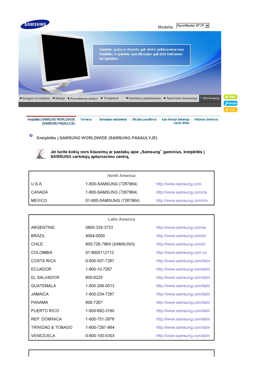 Samsung LS19MBPXHV/EDC, LS19MBPXFV/EDC manual Kreipkitės į Samsung Worldwide Samsung Pasaulyje, North America, Latin America 