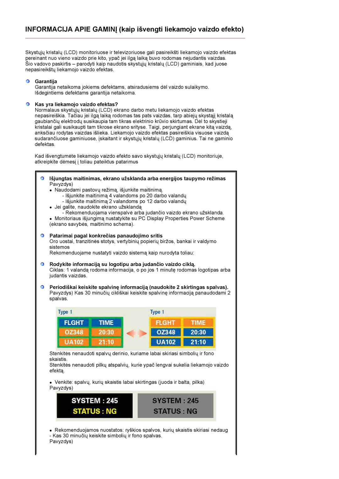 Samsung LS19MBXXHV/EDC manual Garantija, Kas yra liekamojo vaizdo efektas?, Patarimai pagal konkrečias panaudojimo sritis 