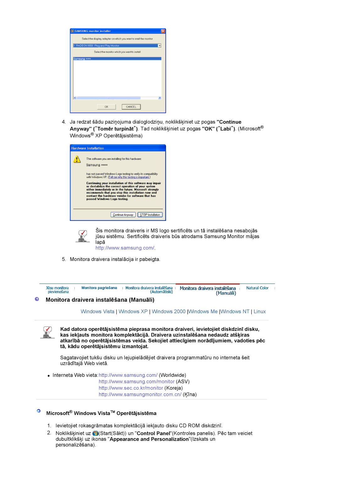 Samsung LS19MBXXFV/EDC, LS19MBPXFV/EDC manual Monitora draivera instalēšana Manuāli, Microsoft Windows Vista Operētājsistēma 