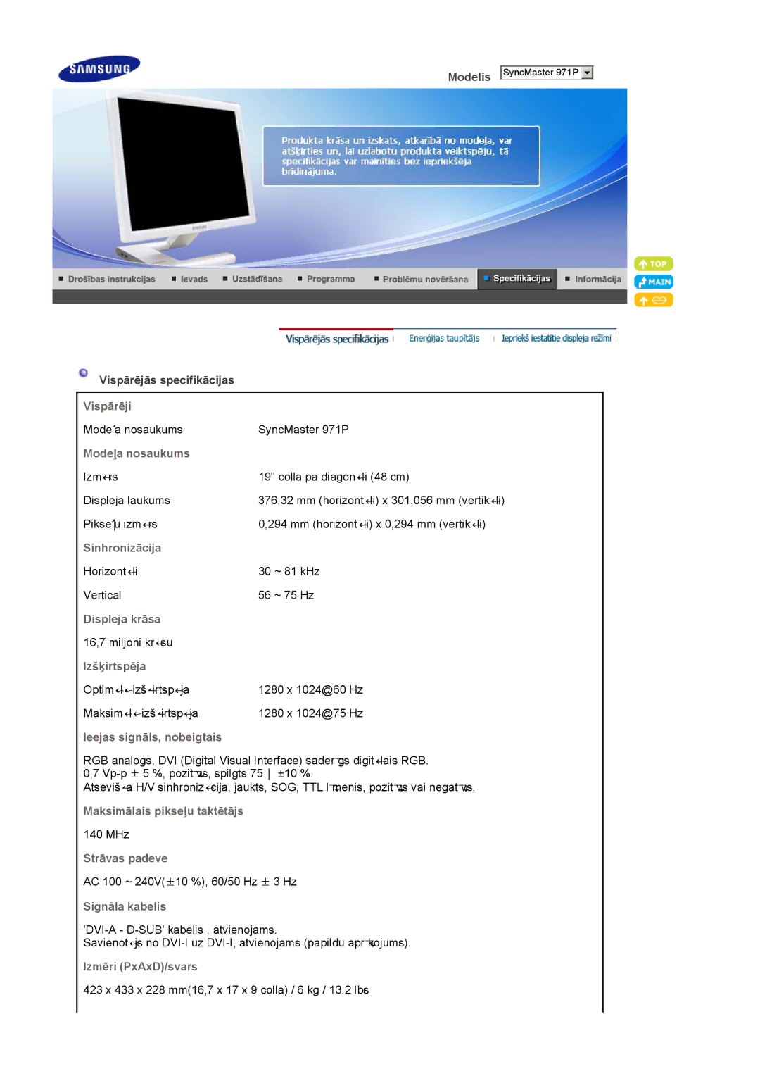 Samsung LS19MBXXHV/EDC manual Vispārēji, Modeļa nosaukums, Sinhronizācija, Displeja krāsa, Izšķirtspēja, Strāvas padeve 