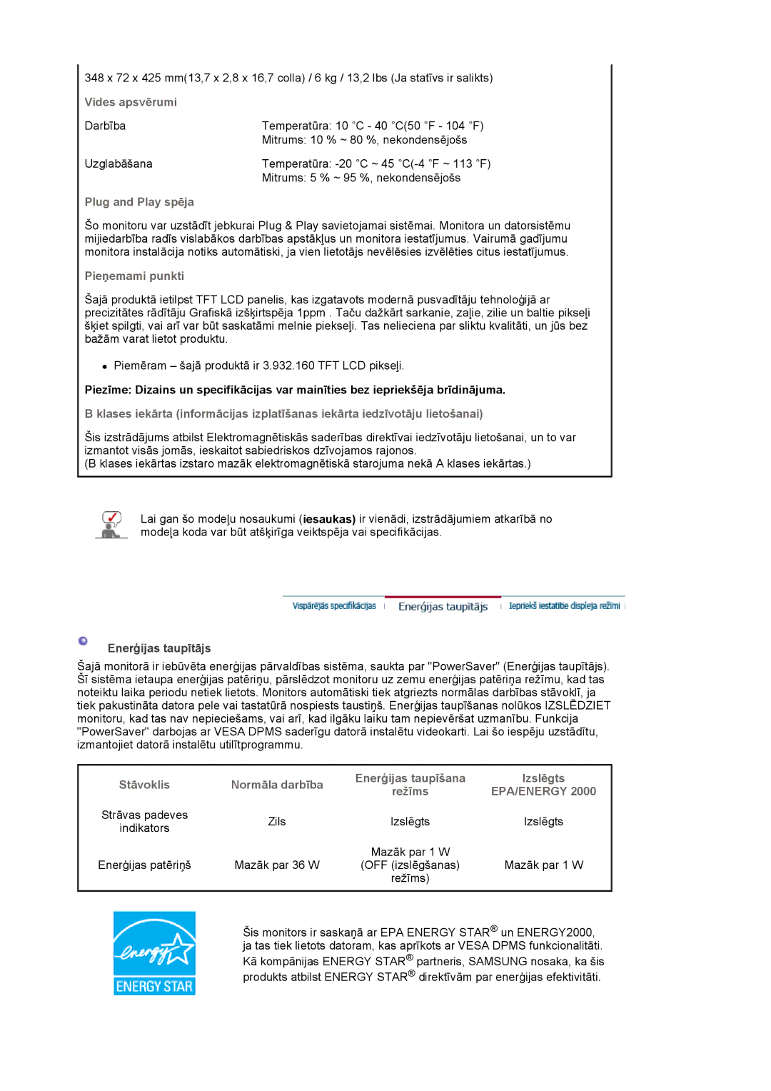 Samsung LS19MBPXFV/EDC, LS19MBXXFV/EDC manual Vides apsvērumi, Plug and Play spēja, Pieņemami punkti, Enerģijas taupītājs 