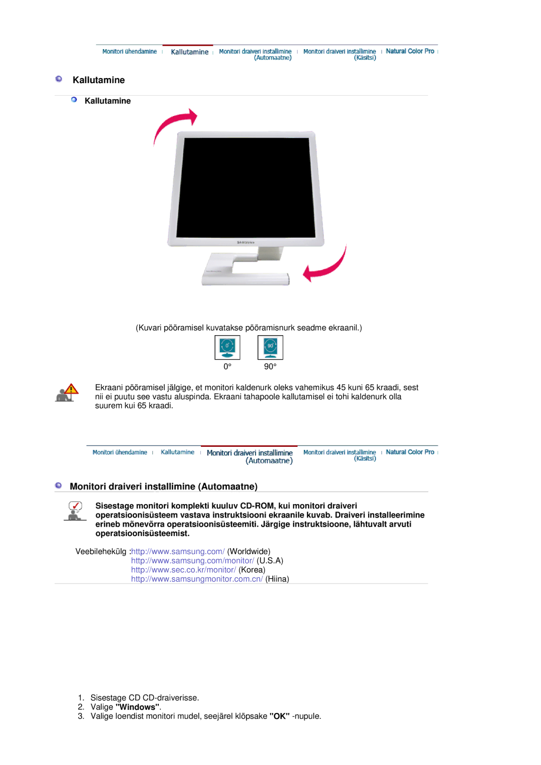 Samsung LS19MBPXFV/EDC, LS19MBXXFV/EDC, LS19MBPXHV/EDC, LS19MBXXHV/EDC manual Kallutamine, Valige Windows 