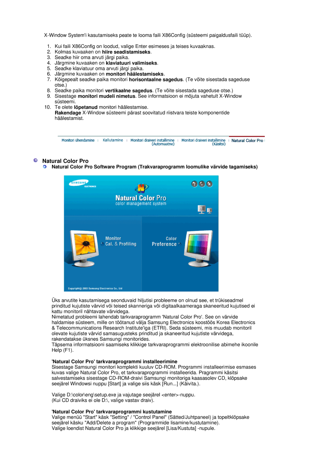 Samsung LS19MBXXFV/EDC Järgmine kuvaaken on monitori häälestamiseks, Natural Color Pro tarkvaraprogrammi installeerimine 