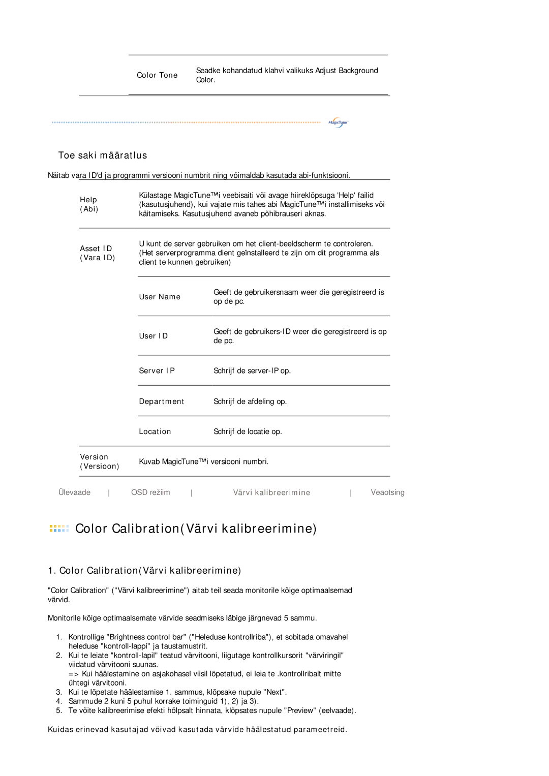 Samsung LS19MBXXHV/EDC manual Color Tone, Help, Abi, Asset ID, Vara ID, User Name, User ID, Server IP, Department, Location 