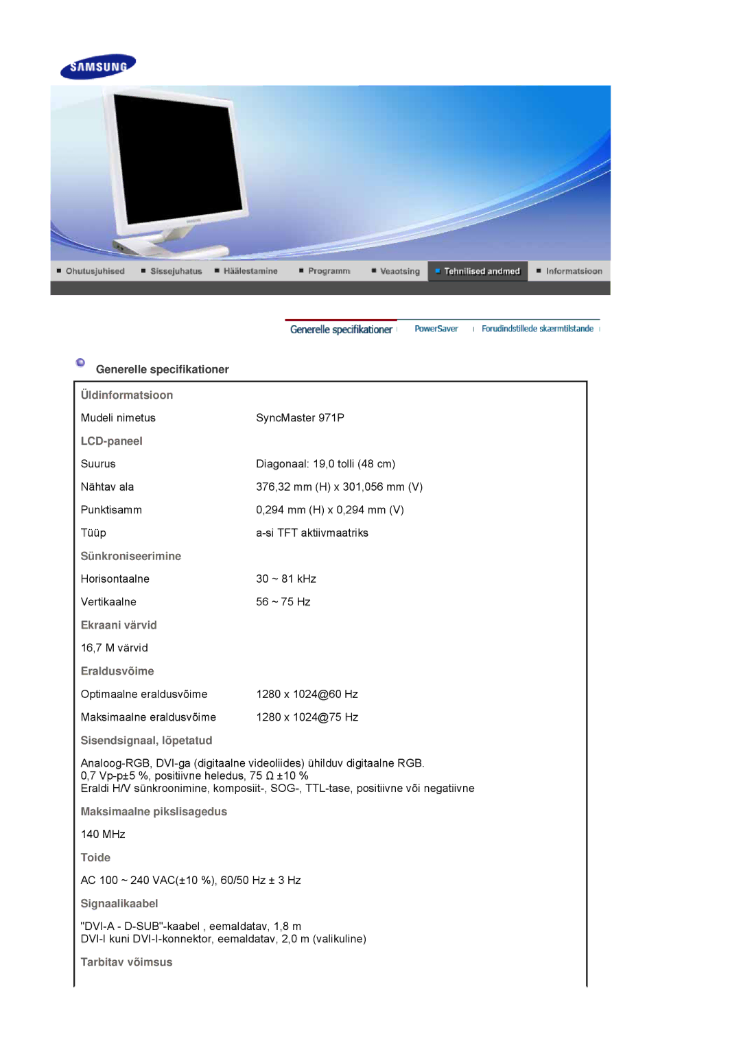 Samsung LS19MBXXFV/EDC manual Üldinformatsioon, LCD-paneel, Sünkroniseerimine, Ekraani värvid, Eraldusvõime, Toide 