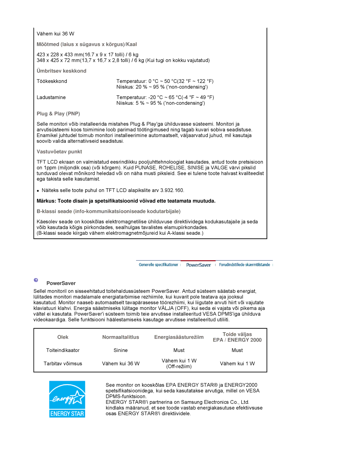 Samsung LS19MBPXHV/EDC manual Mõõtmed laius x sügavus x kõrgus/Kaal, Ümbritsev keskkond, Plug & Play PNP, Vastuvõetav punkt 