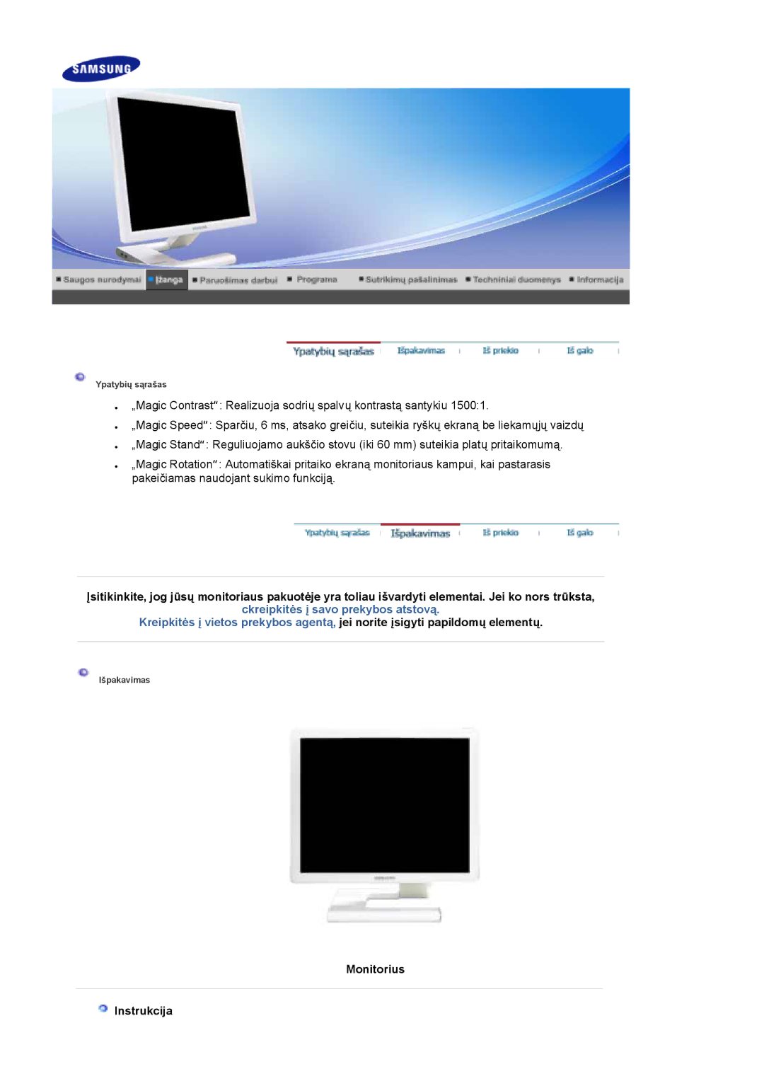 Samsung LS19MBPXHV/EDC, LS19MBPXFV/EDC, LS19MBXXFV/EDC manual Ckreipkitės į savo prekybos atstovą, Monitorius Instrukcija 