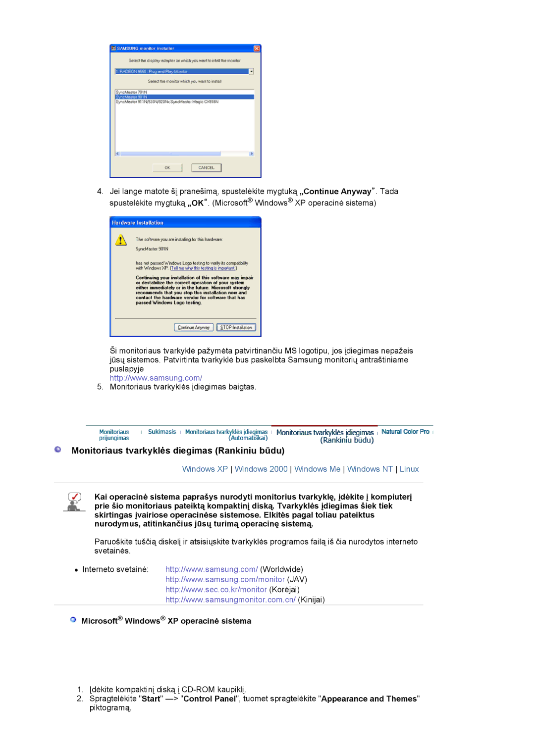Samsung LS19MBXXFV/EDC manual Monitoriaus tvarkyklės diegimas Rankiniu būdu, Microsoft Windows XP operacinė sistema 